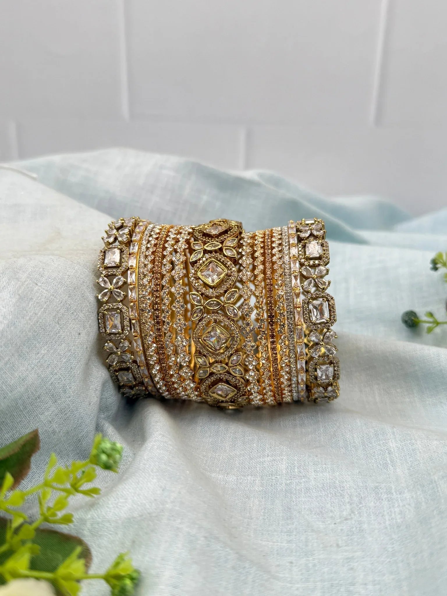 Luxurious Gold and White Victorian Stone Elegant Bridal Bangle Set 5265 - Mahilas