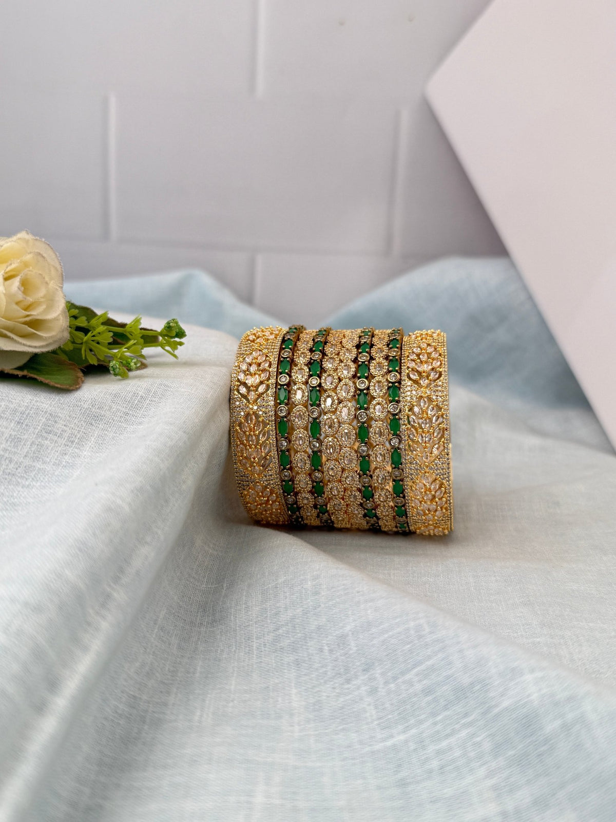 Luxurious Gold & Green Stone Bangle Set | B0287 - Mahilas