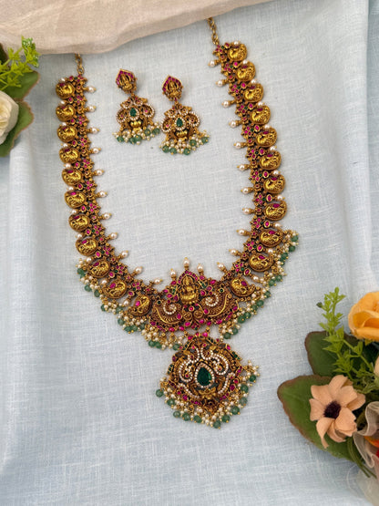 Luxurious Gold Like Antique Jadau Long Necklace Set 0623 - Mahilas