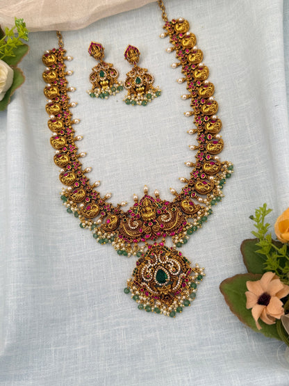 Luxurious Gold Like Antique Jadau Long Necklace Set 0623 - Mahilas
