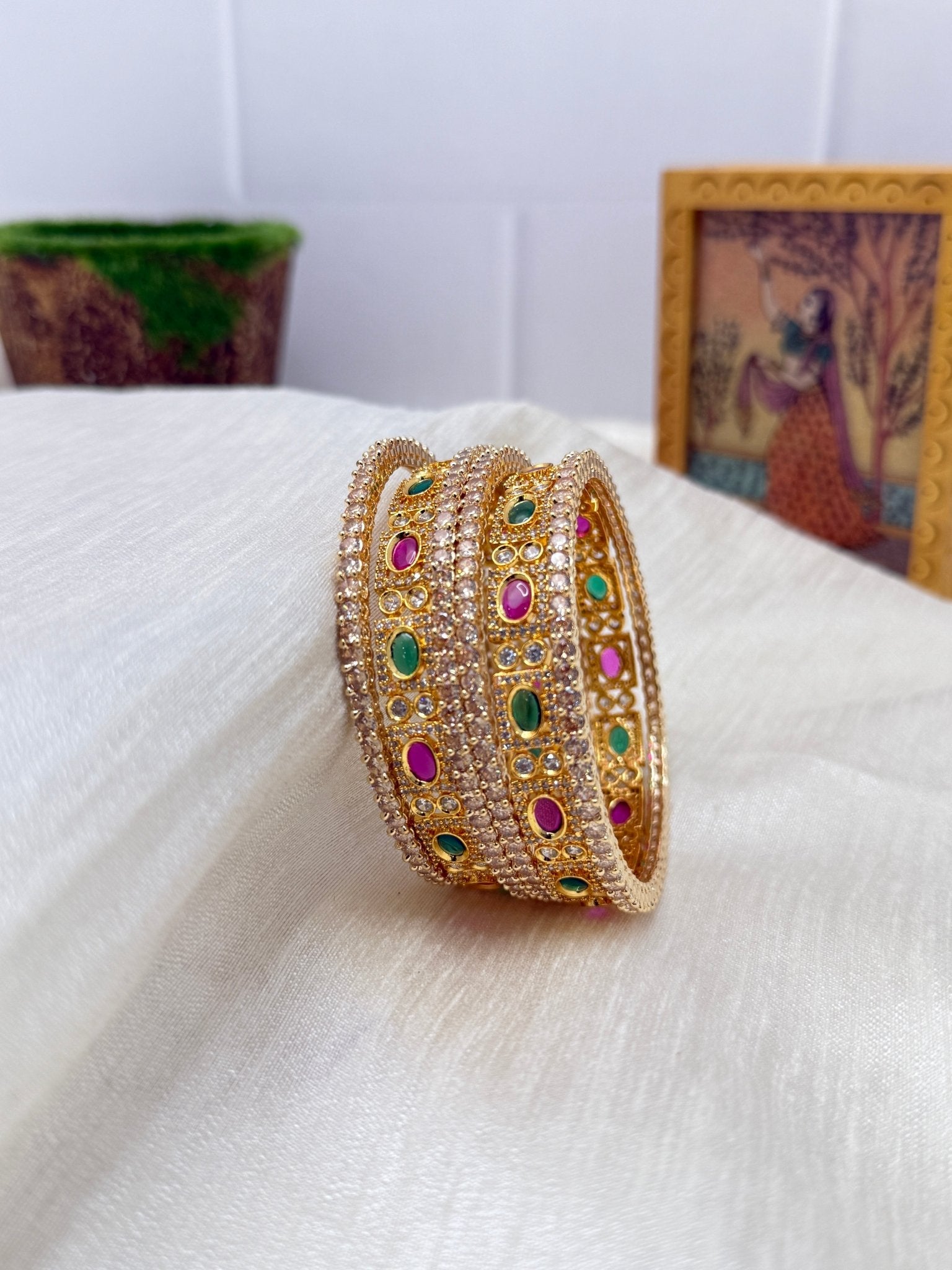 Luxurious Gold Stone and Ruby Emerald Bangle Bracelet Set 5104 - Mahilas