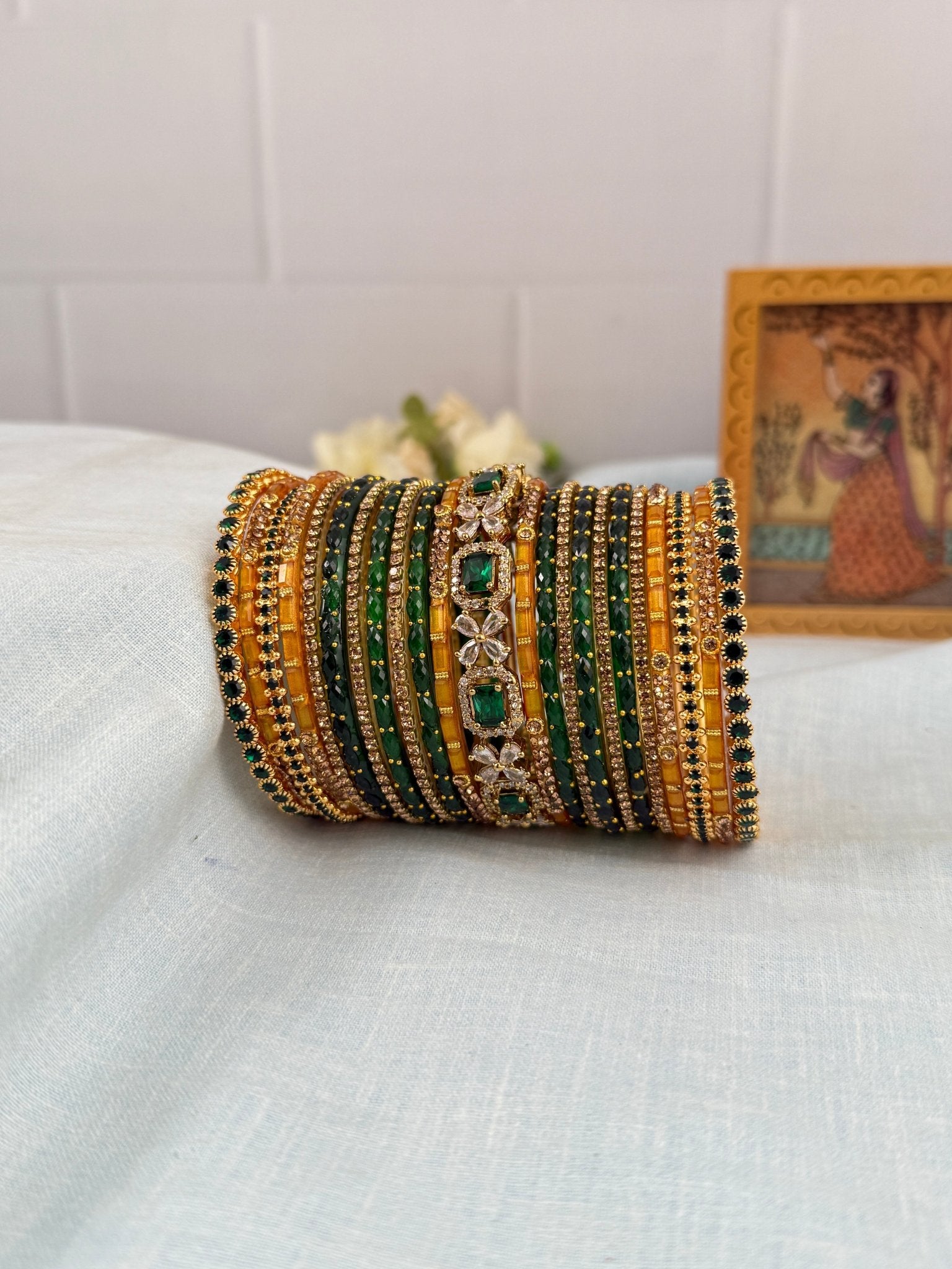 Luxurious Green and Haldi Victorian & Glass Bangle Set - 5224 - Mahilas