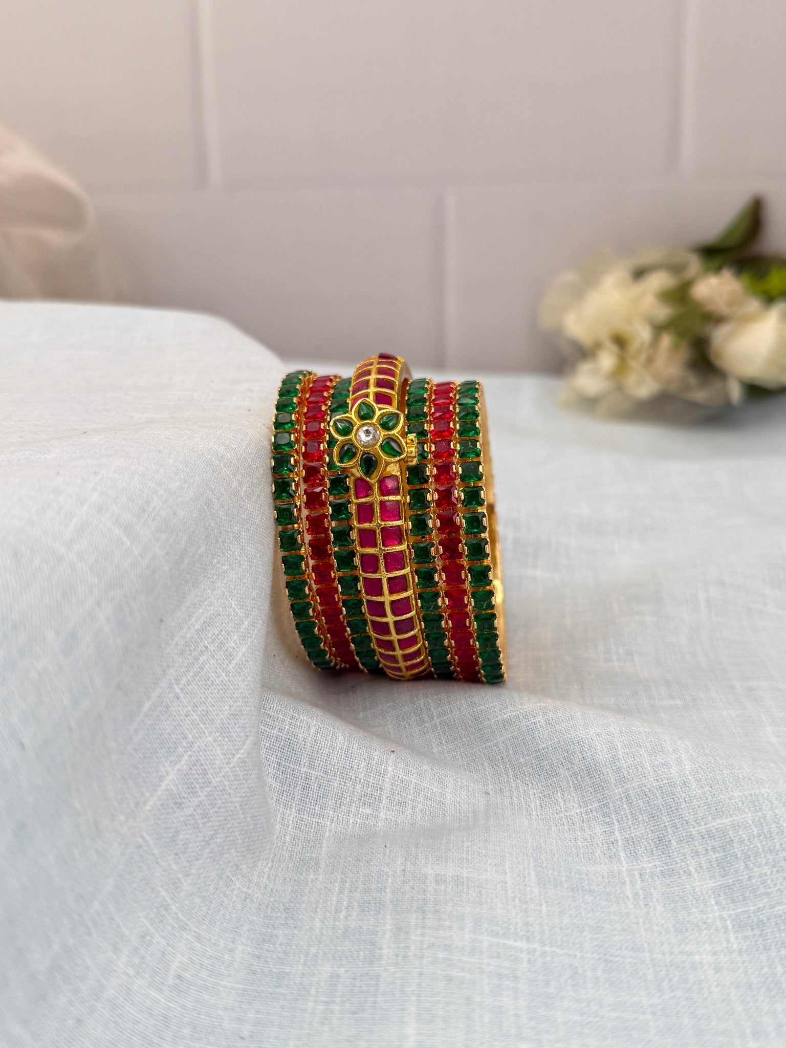 Luxurious Green and Red Stone with Ruby Jadau Bangle Set - 5226 - Mahilas