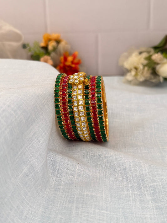 Luxurious Green and Red Stone with White Jadau Kundan Bangle Set - 5227 - Mahilas