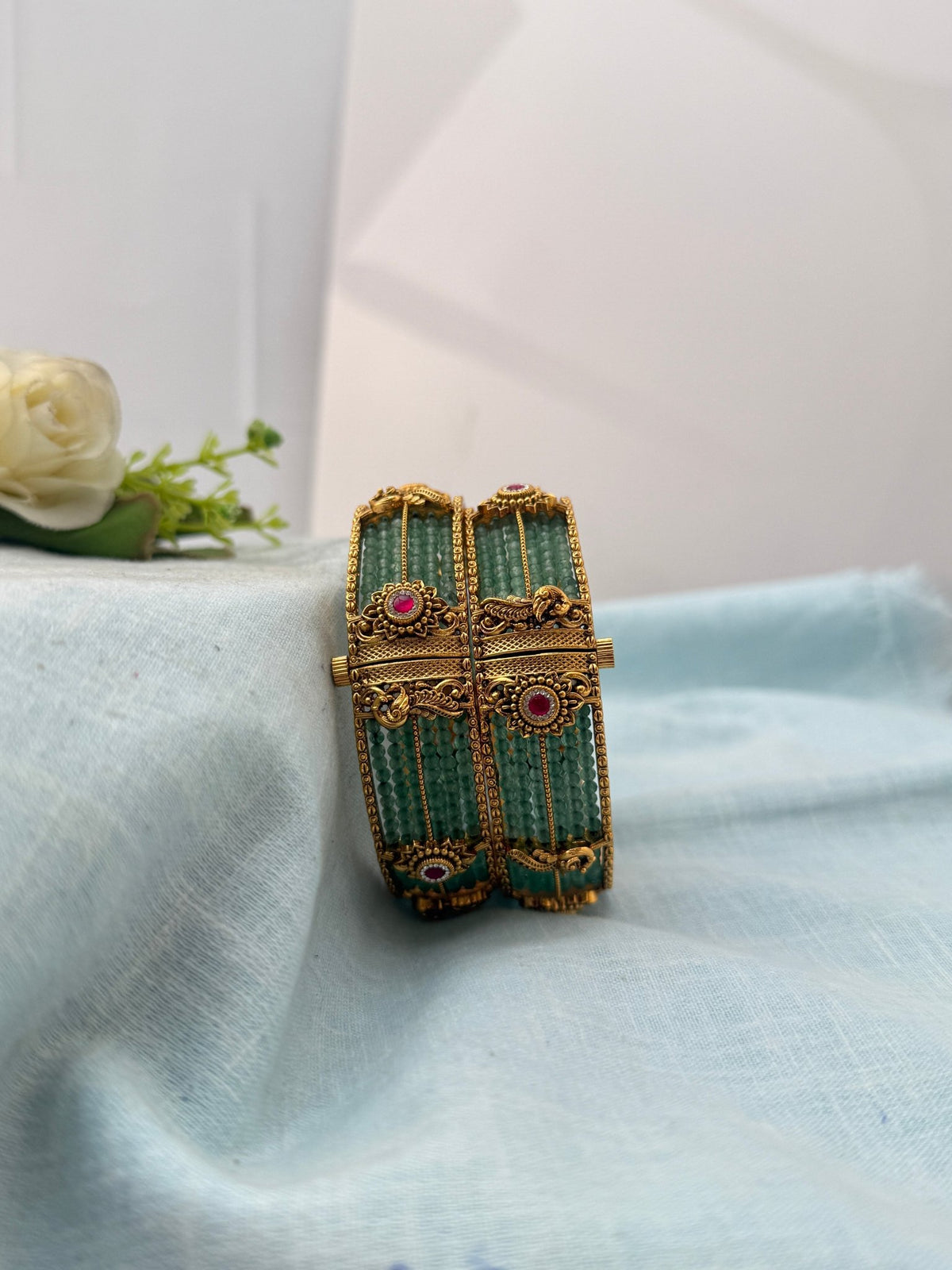 Luxurious Green Beads Kada Antique Bangles | Open Style |B0626 - Mahilas