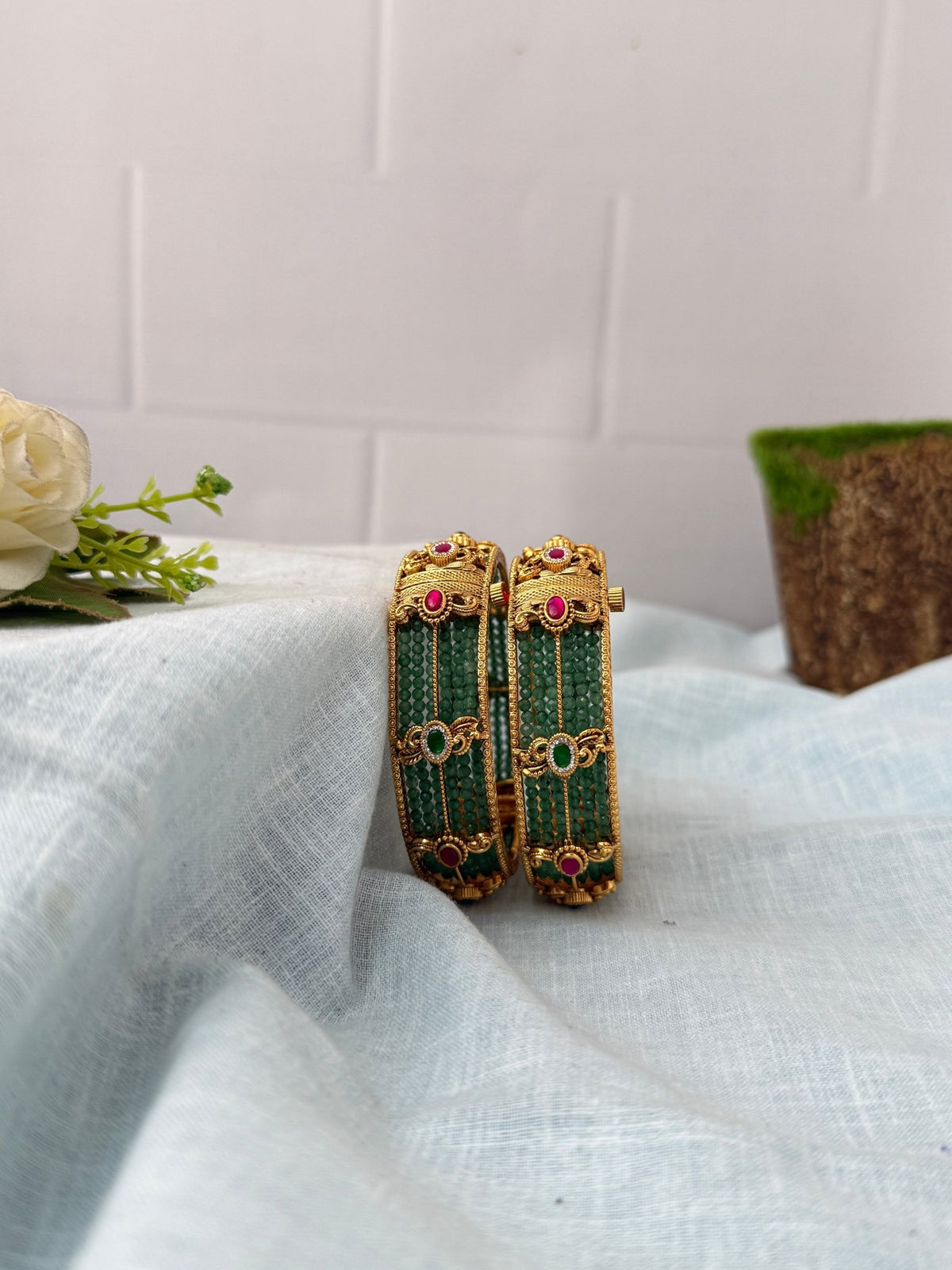 Luxurious Green Beads Kada Antique Bangles | Open Style | BBG1 - Mahilas