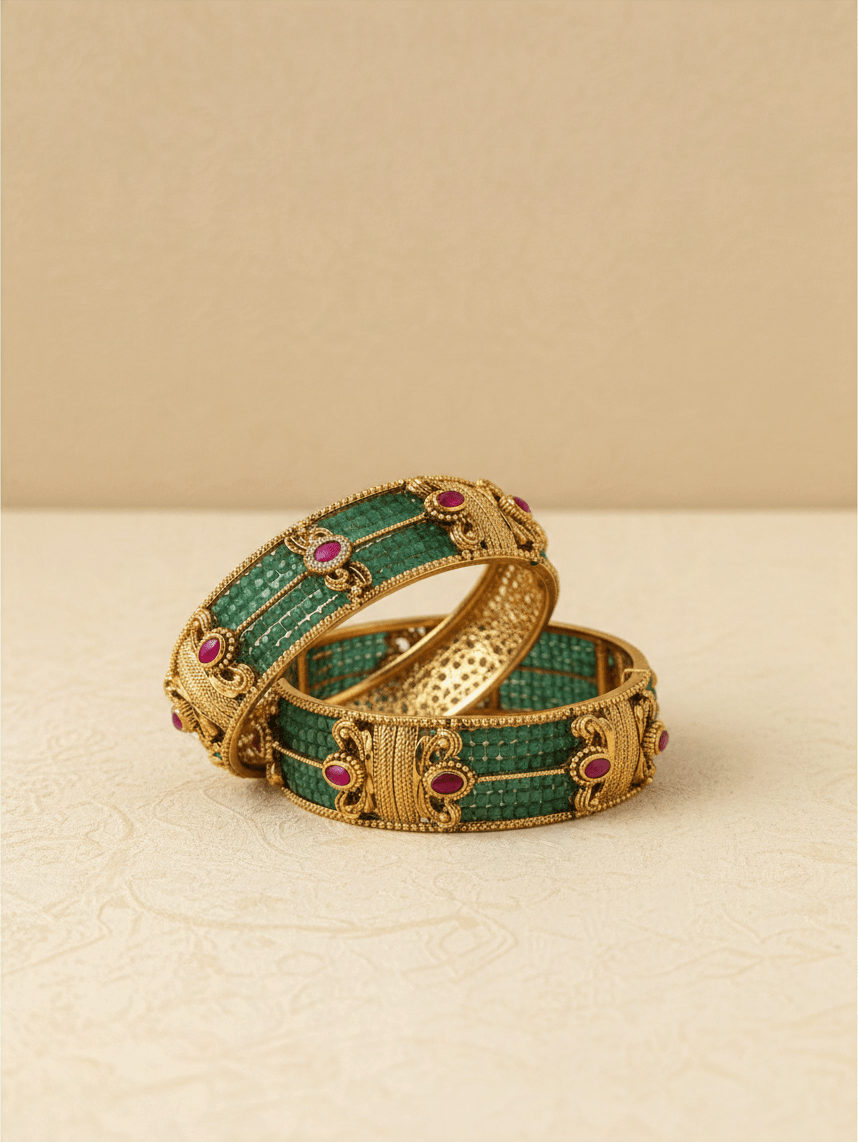 Luxurious Green Beads Kada Antique Bangles | Open Style | BBG2 - Mahilas