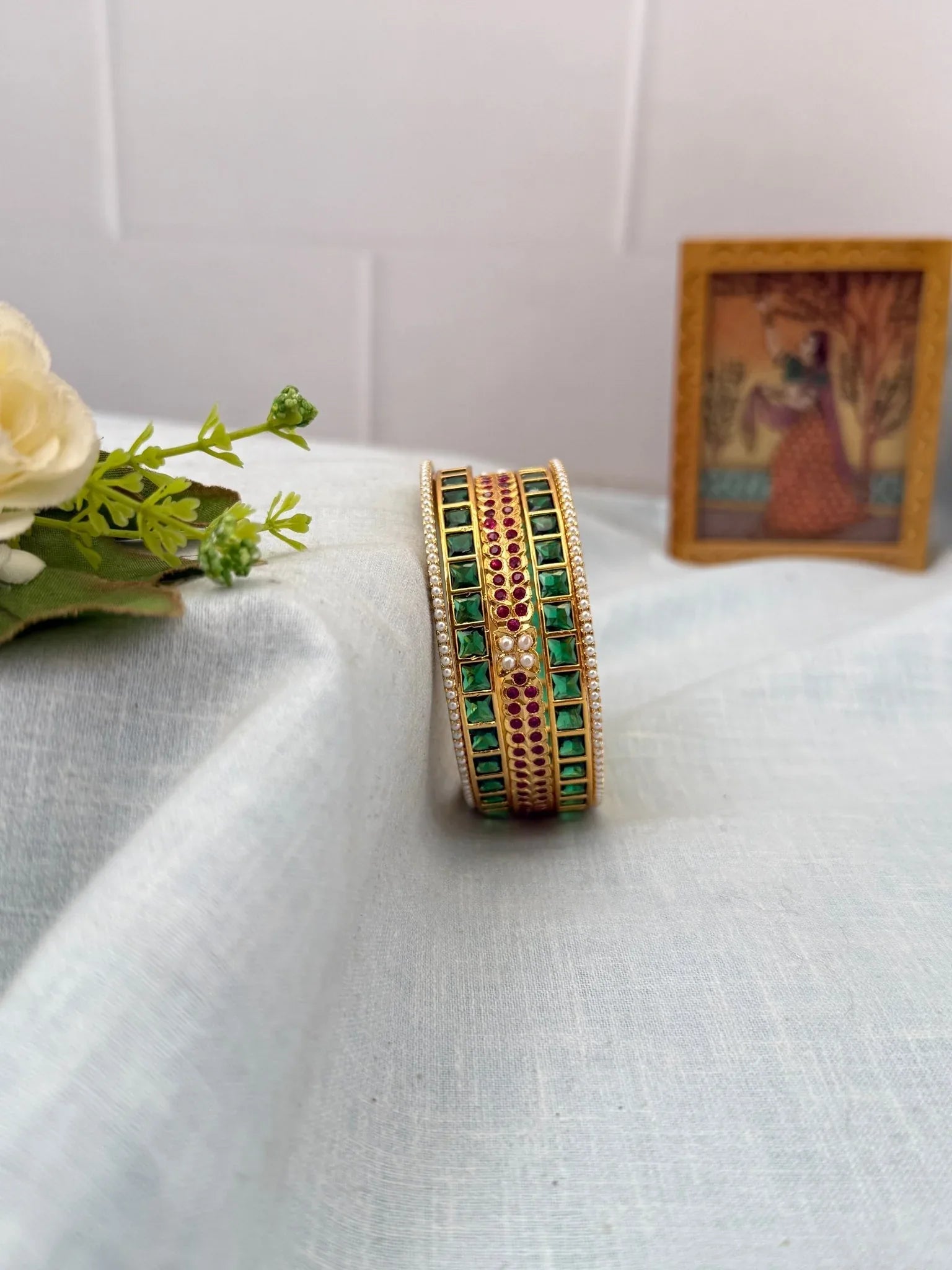 Luxurious Green Swarna & Ruby Stone Pearl Bangle Set 5252 - Mahilas