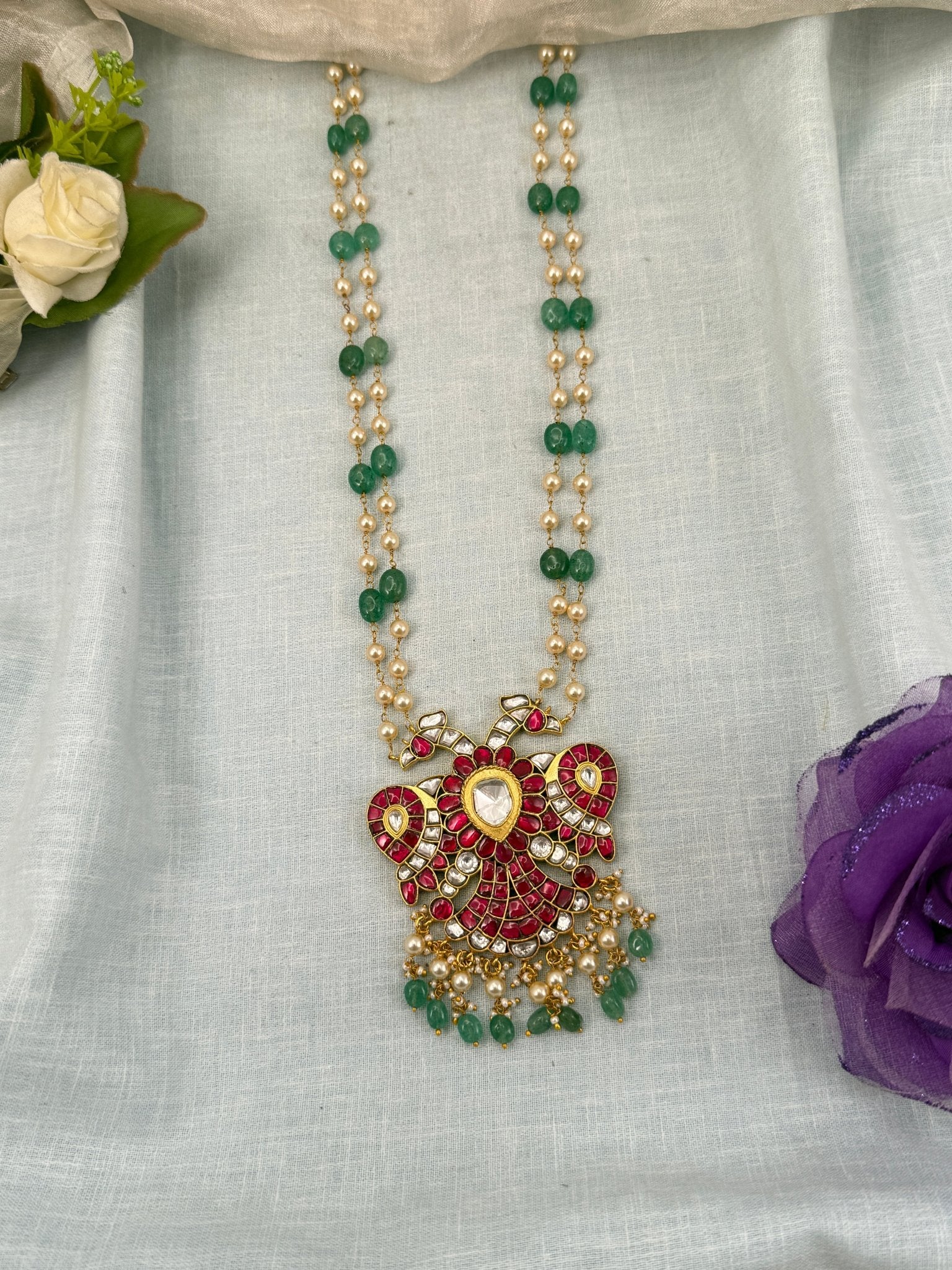 Luxurious Jadau Kundan Gandaberunda Pendant with 2 Layer Pearl Chain 627 - Mahilas