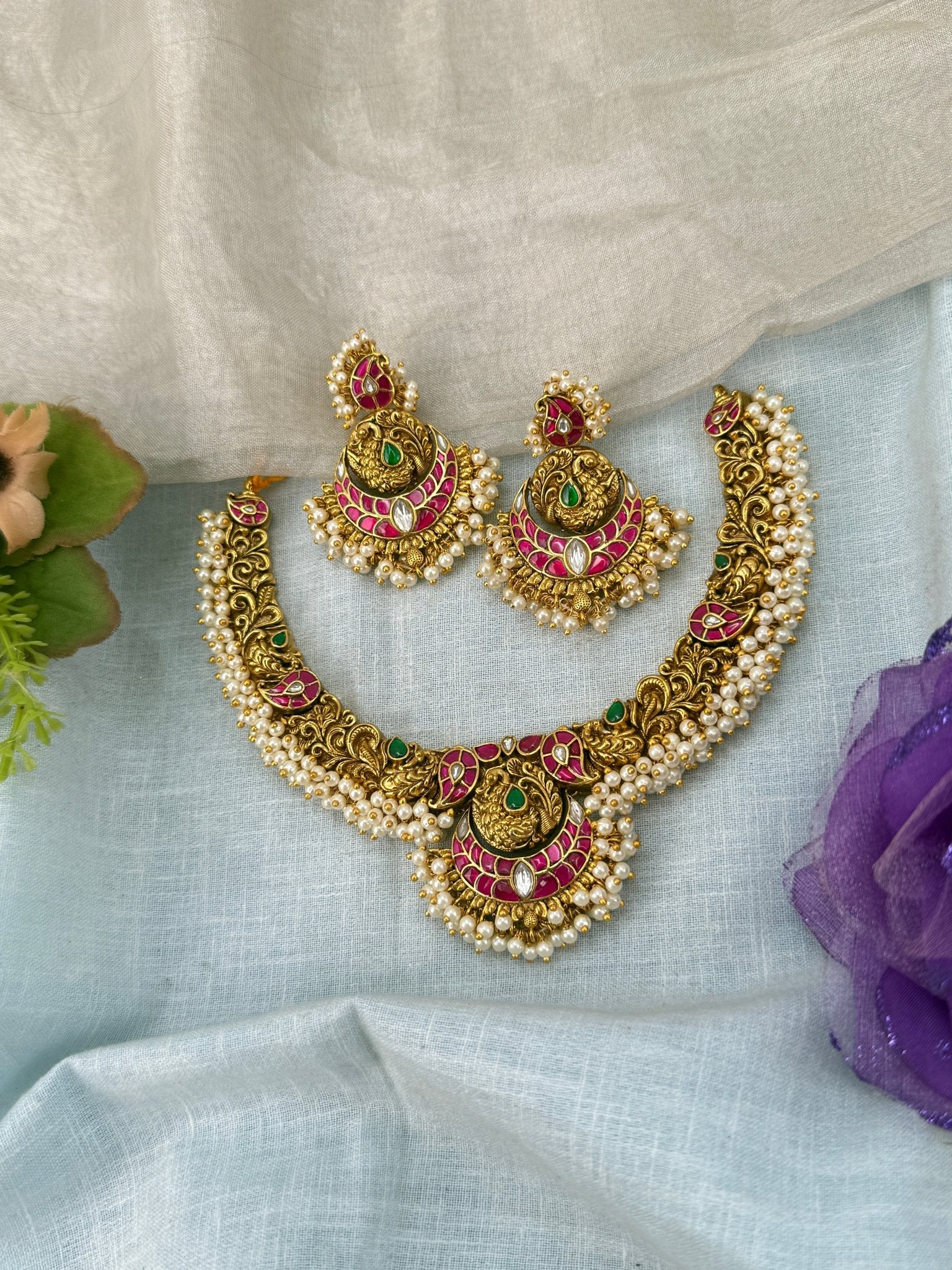 Luxurious Jadau Kundan Hasli Style Peacock Choker Necklace 656 - Mahilas