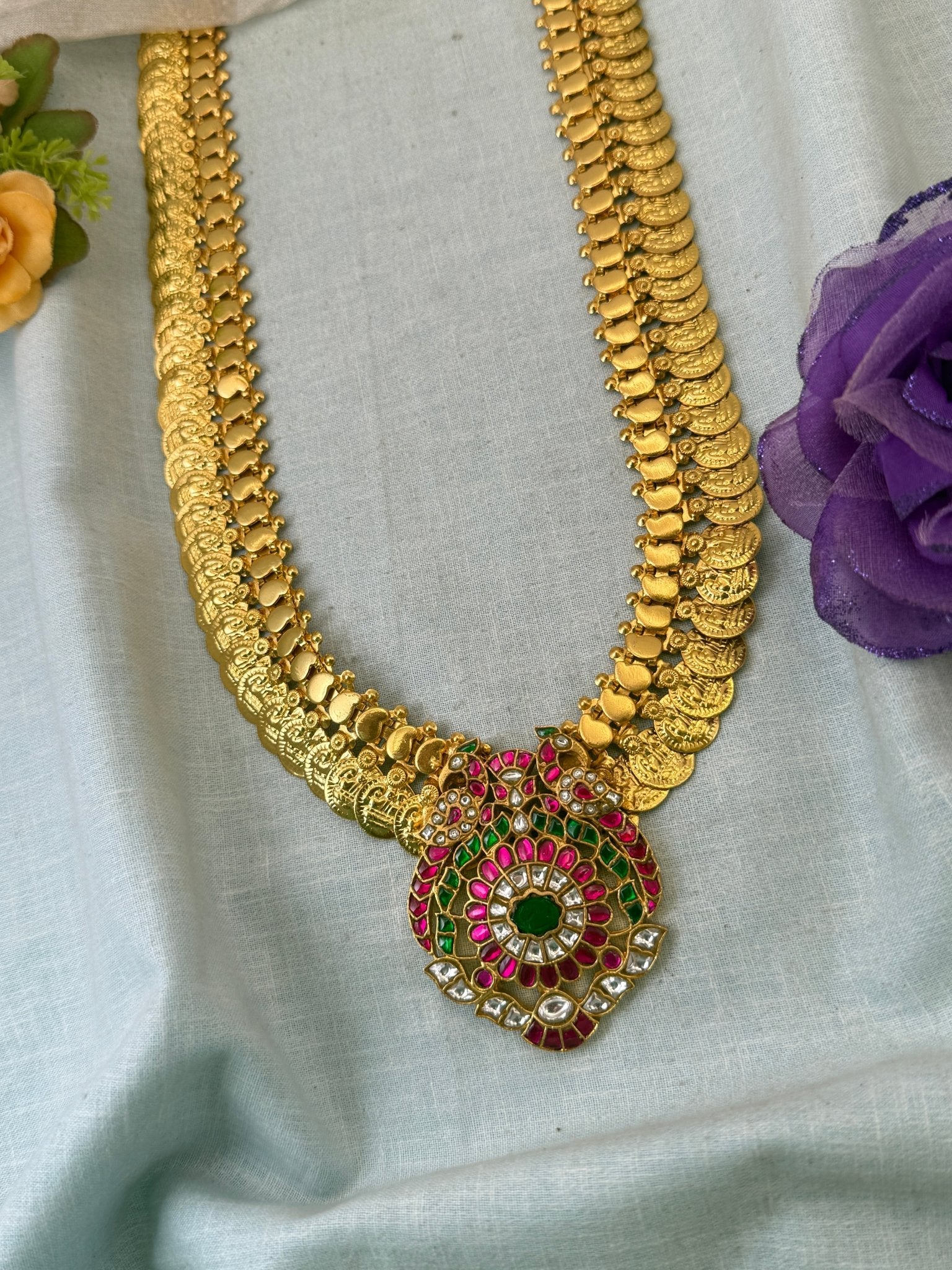 Luxurious Jadau Kundan Kaasu Long Necklace Set 1062 - Mahilas