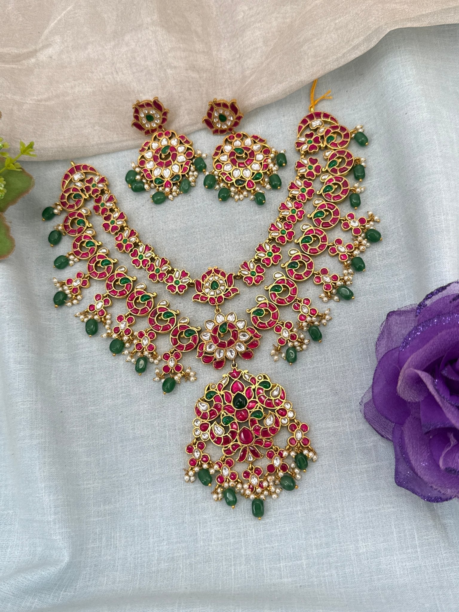 Luxurious Jadau Kundan Layered Mid Long Necklace Set 0991 - Mahilas