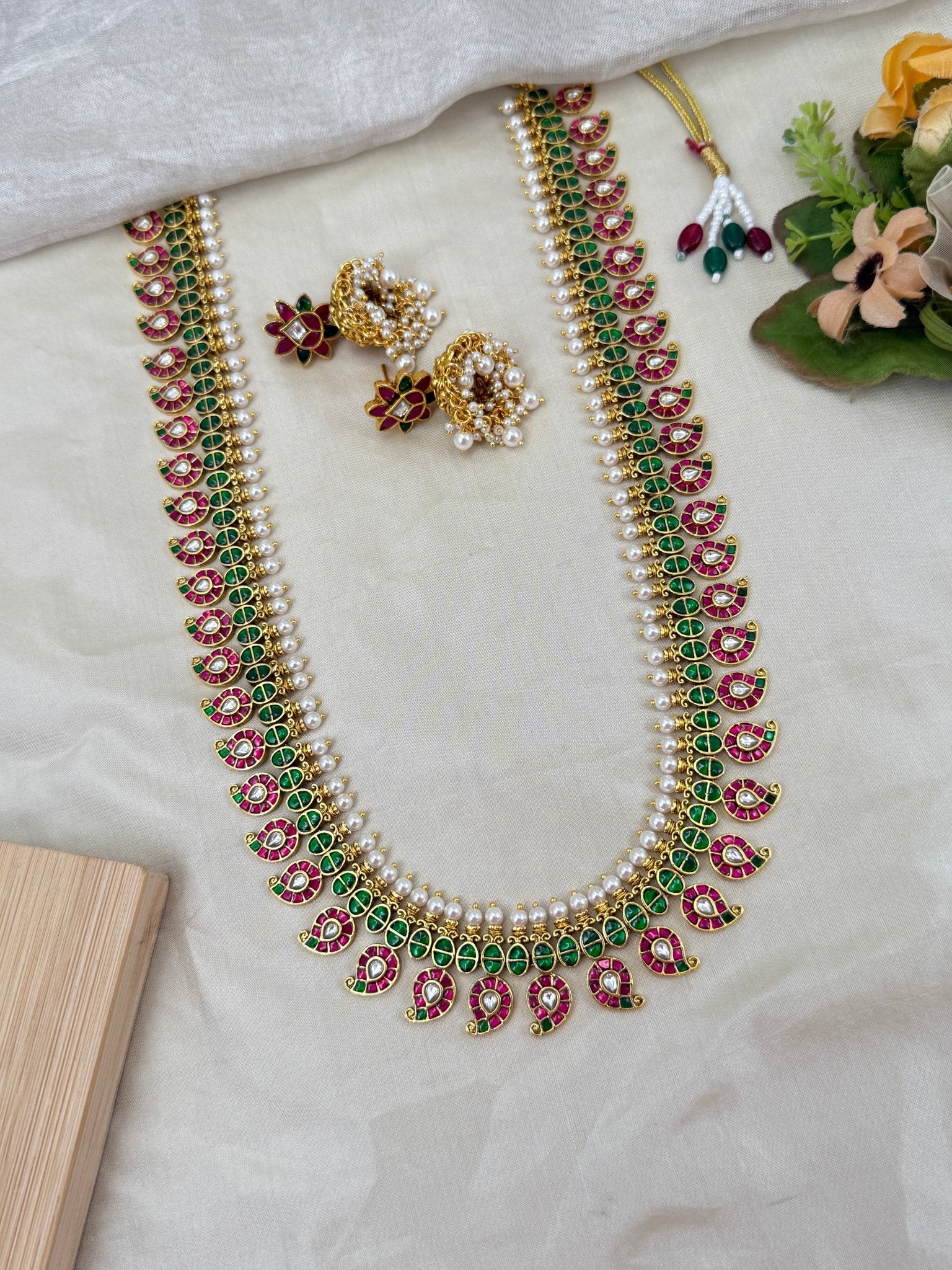 Luxurious Jadau Kundan Mango Long Necklace Set 623 - Mahilas