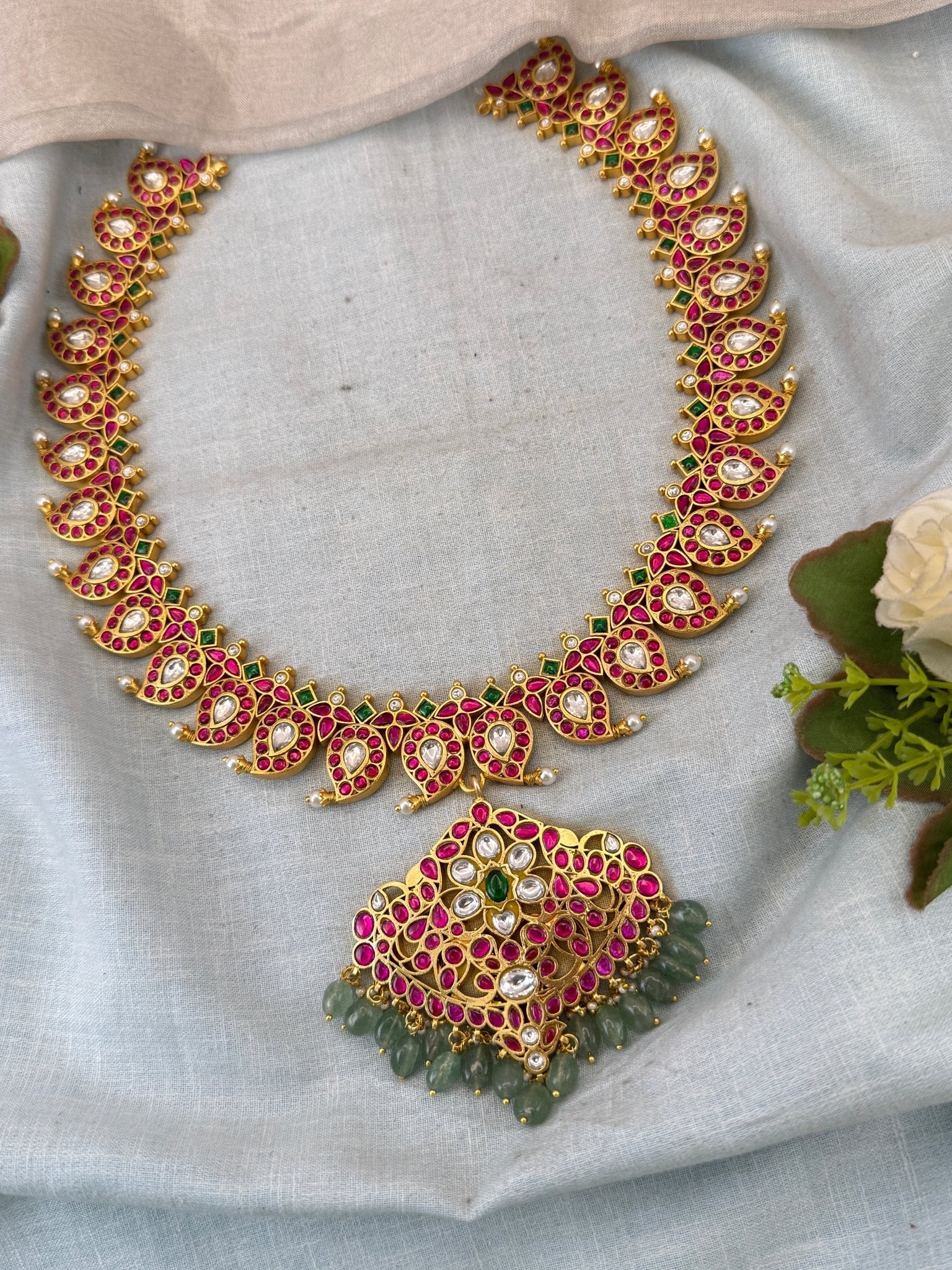 Luxurious Jadau Kundan Mango Mid Long Reversible Necklace 1021 - Mahilas