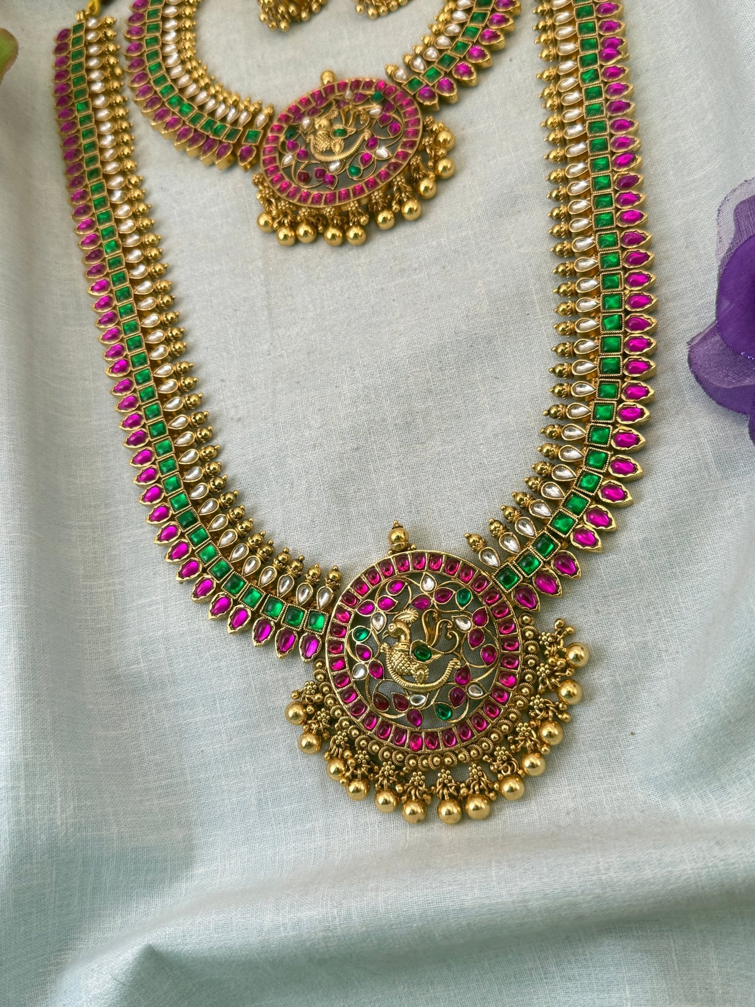 Luxurious Jadau Kundan Peacock Bridal Necklace Set 0997 - Mahilas