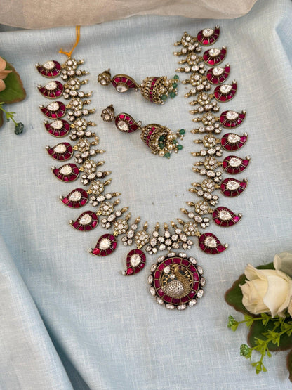 Luxurious Jadau Kundan Peacock Mid Long Necklace Set 570 - Mahilas