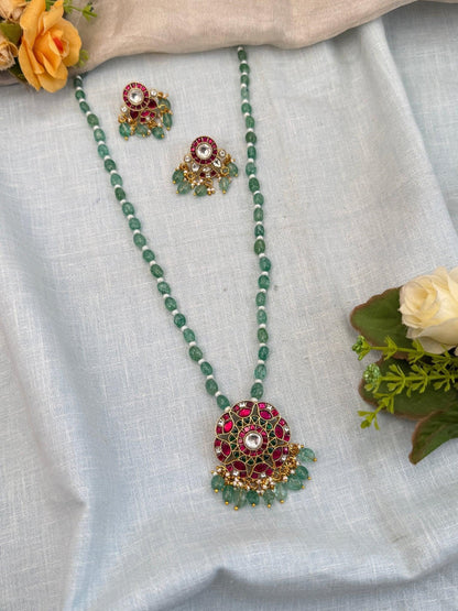 Luxurious Jadau Kundan Pendant Mid Long Necklace Set 574 - Mahilas