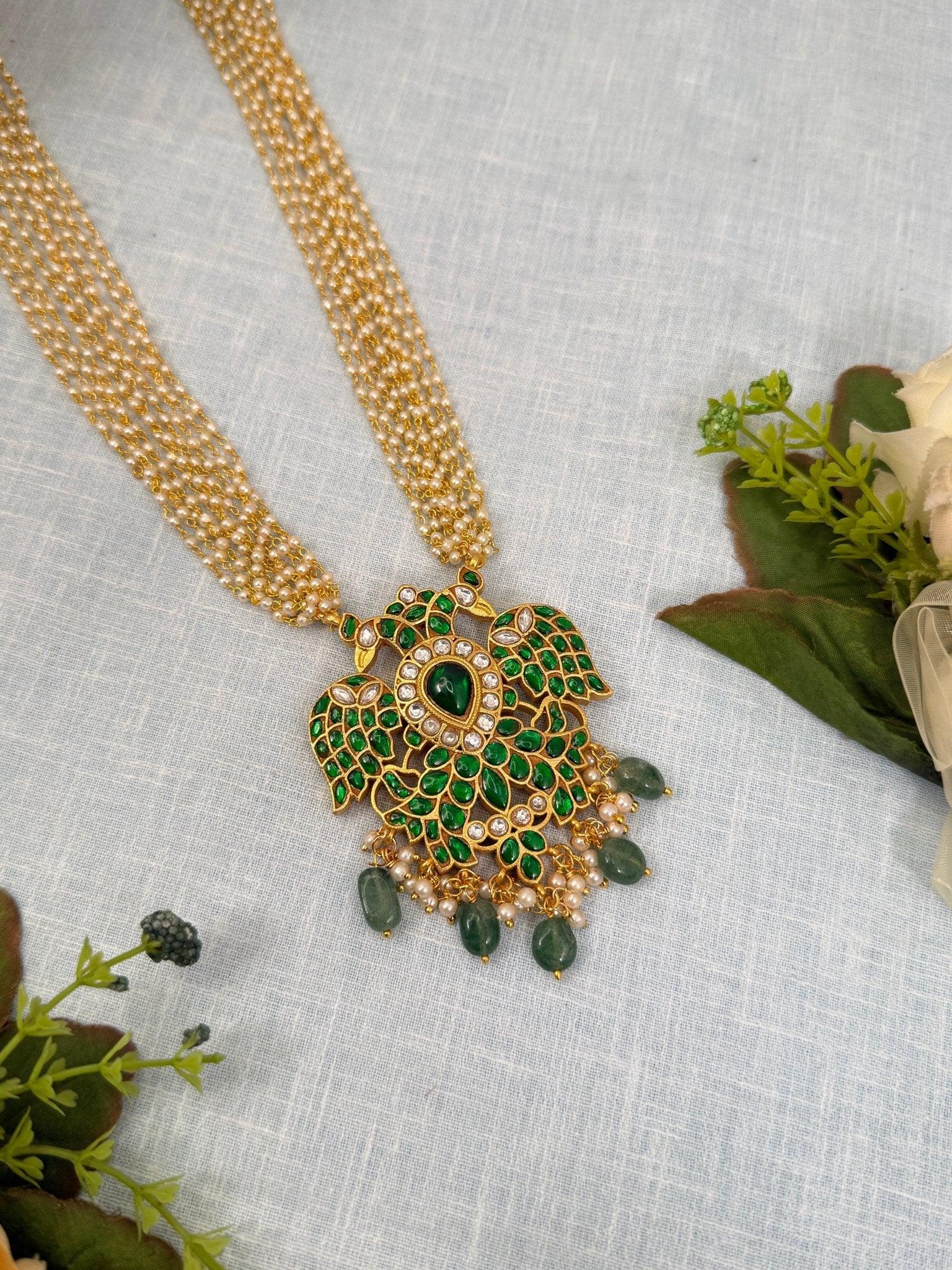 Luxurious Jadau Kundan Reversible Gandaberunda Pendant 163 - 6 cm with Pearl Chain - Mahilas