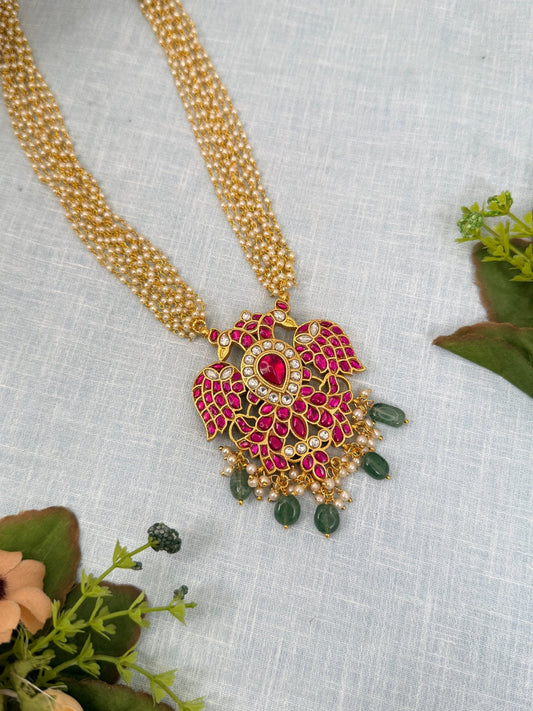 Luxurious Jadau Kundan Reversible Gandaberunda Pendant 163 - 6 cm with Pearl Chain - Mahilas