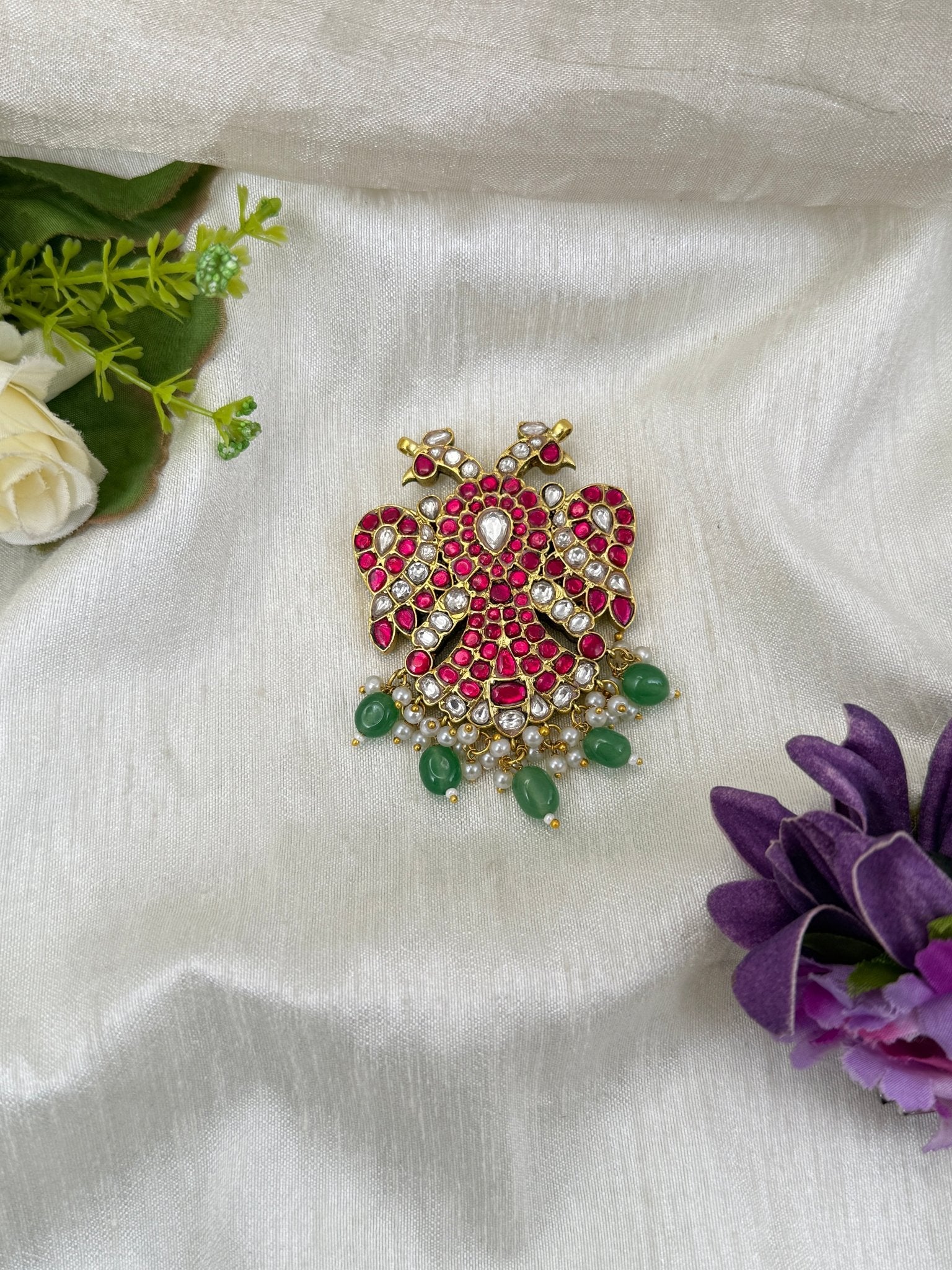 Luxurious Jadau Kundan Reversible Gandaberunda Pendant 7cm 235 - Mahilas