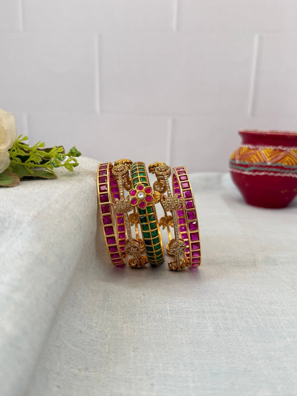 Luxurious Jadau Kundan & Swarna Lotus Stone Bangle Set - 5314