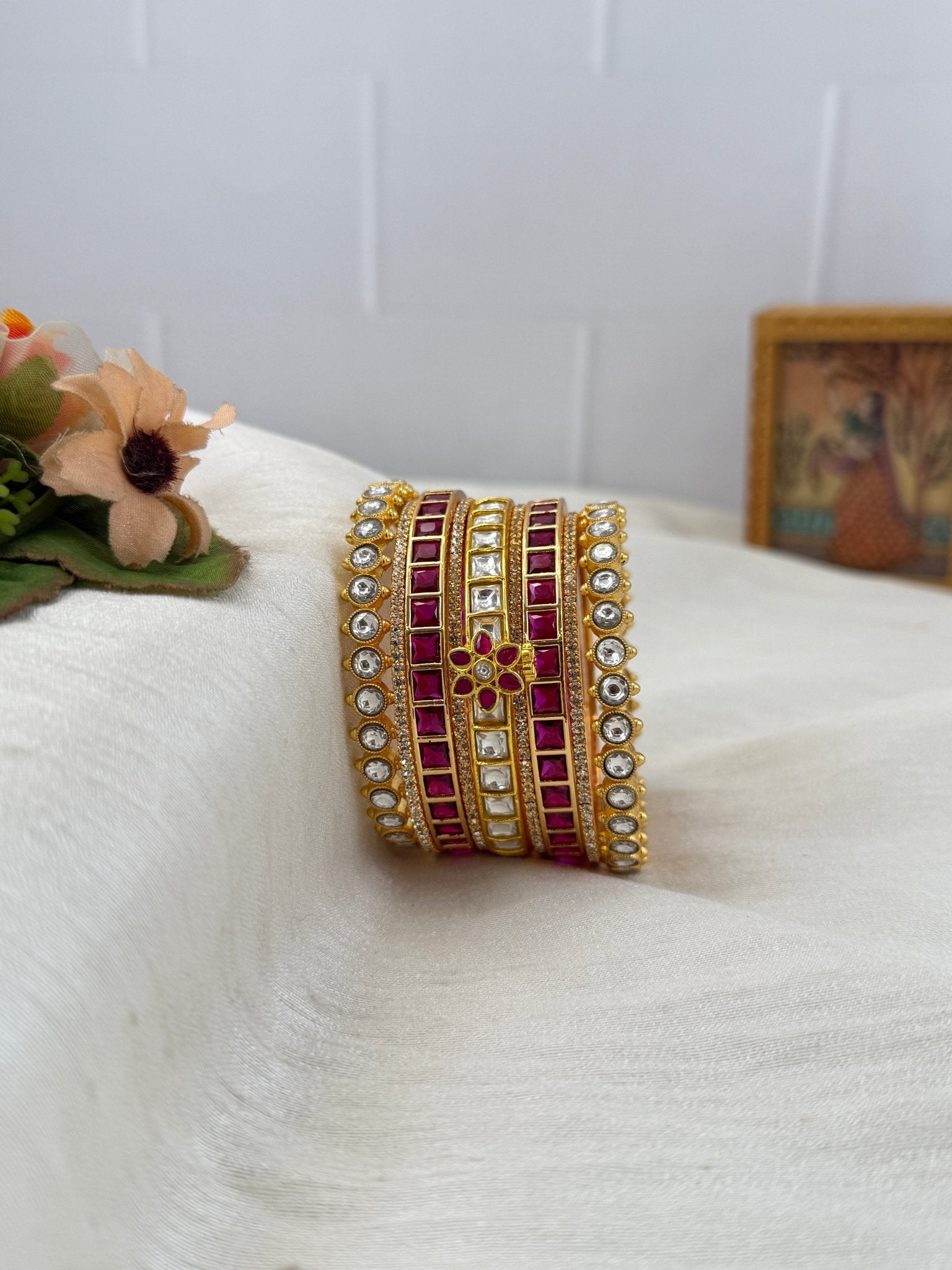 Luxurious Jadau Kundan Swarna Ruby Bangle Set 5272 - Mahilas