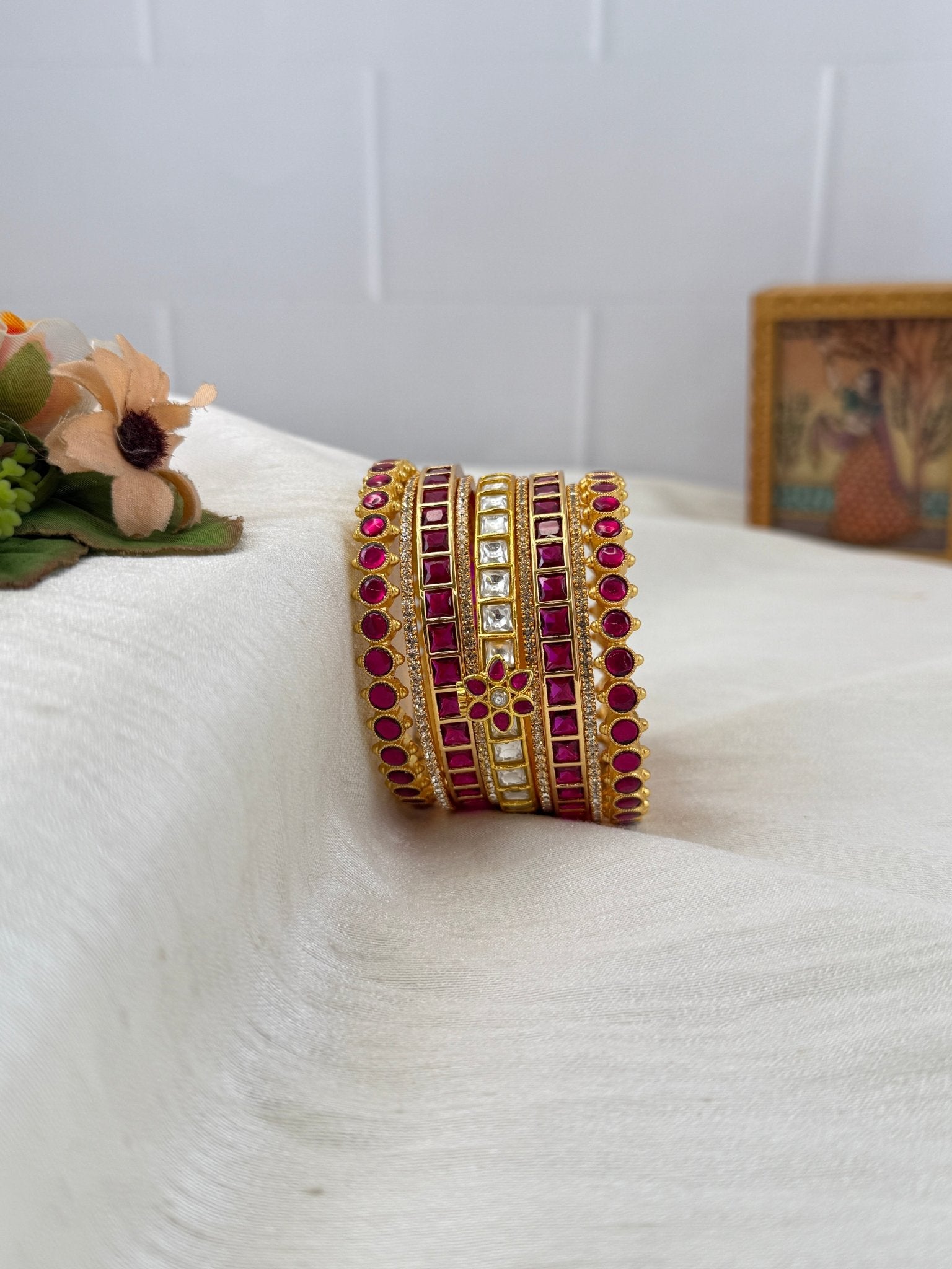 Luxurious Jadau Kundan Swarna Ruby Bangle Set 5273 - Mahilas