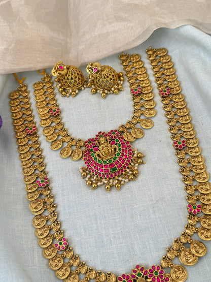 Luxurious Jadau Pendant Kaasu Bridal Necklace Set 0862 - Mahilas