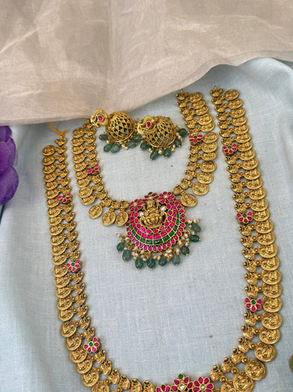 Luxurious Jadau Pendant Kaasu Bridal Necklace Set 0864 - Mahilas
