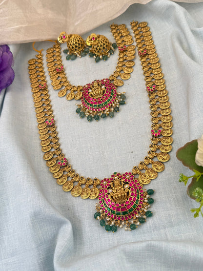 Luxurious Jadau Pendant Kaasu Bridal Necklace Set 0864 - Mahilas