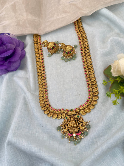 Luxurious Jadau Pendant Kaasu Long Necklace Set 0866 - Mahilas