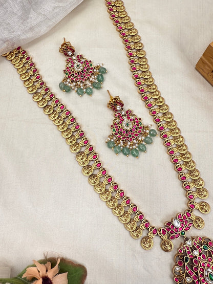 Luxurious Jadau Pendant Kaasu Long Necklace Set 752 - Mahilas