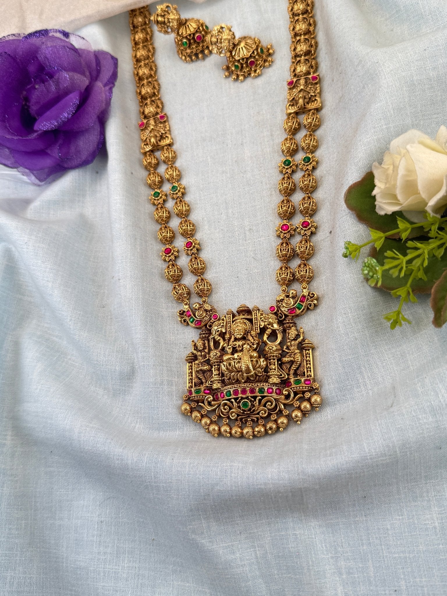 Luxurious Jadau Pendant Layer Long Necklace Set 0873 - Mahilas