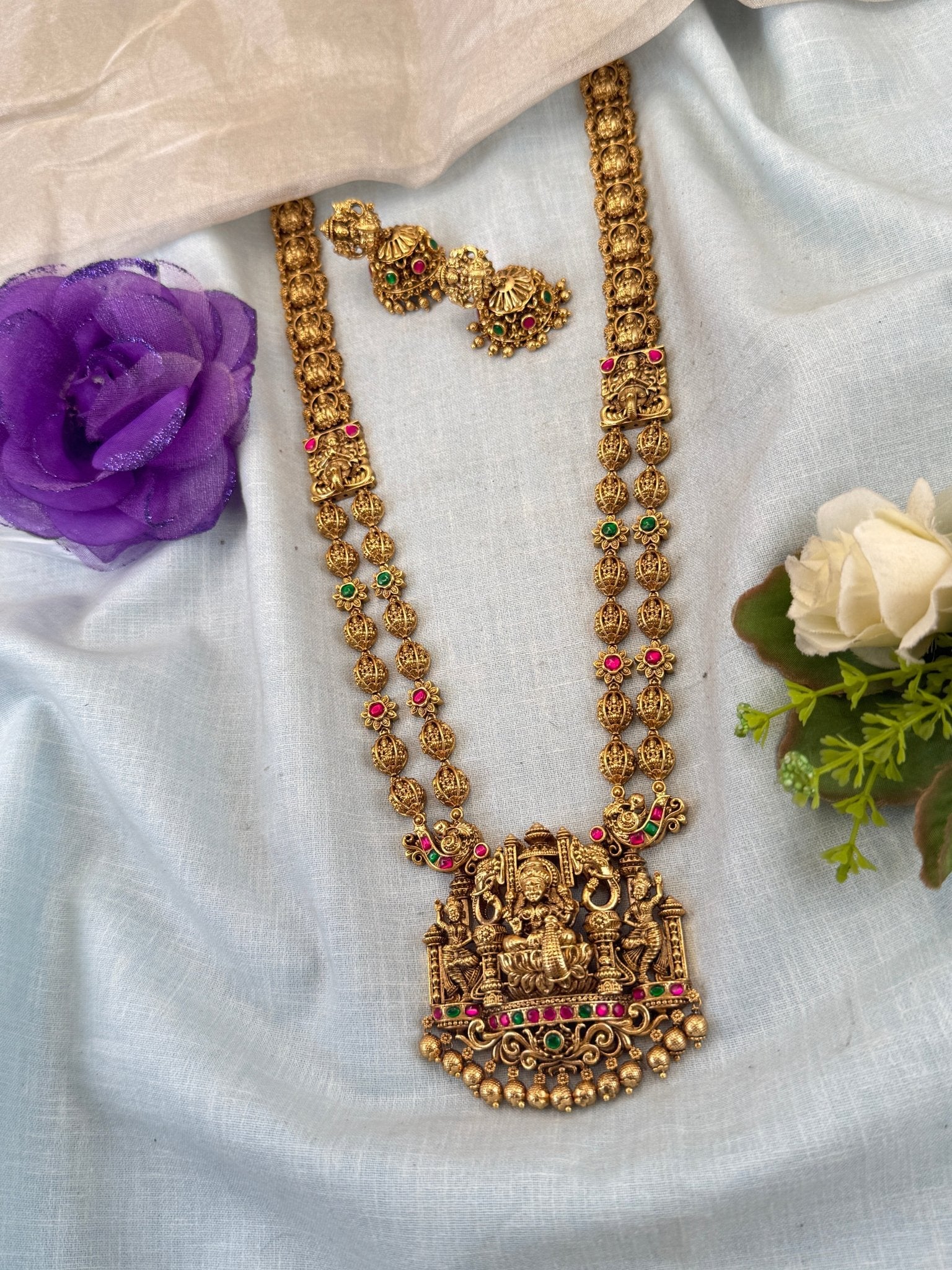 Luxurious Jadau Pendant Layer Long Necklace Set 0873 - Mahilas