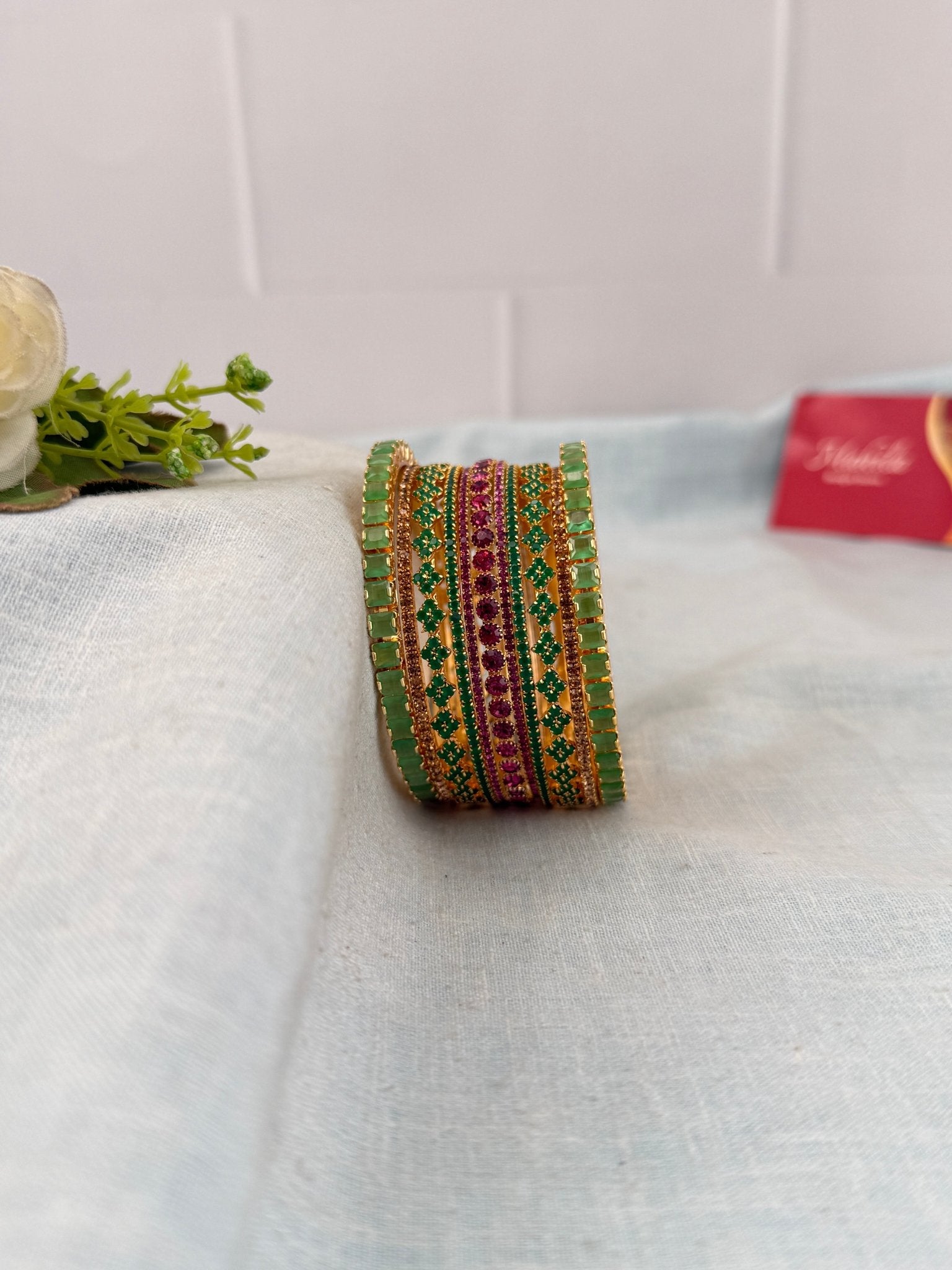 Luxurious Jade Green & Rani Pink Stone Bangle Set - 5330 - Mahilas