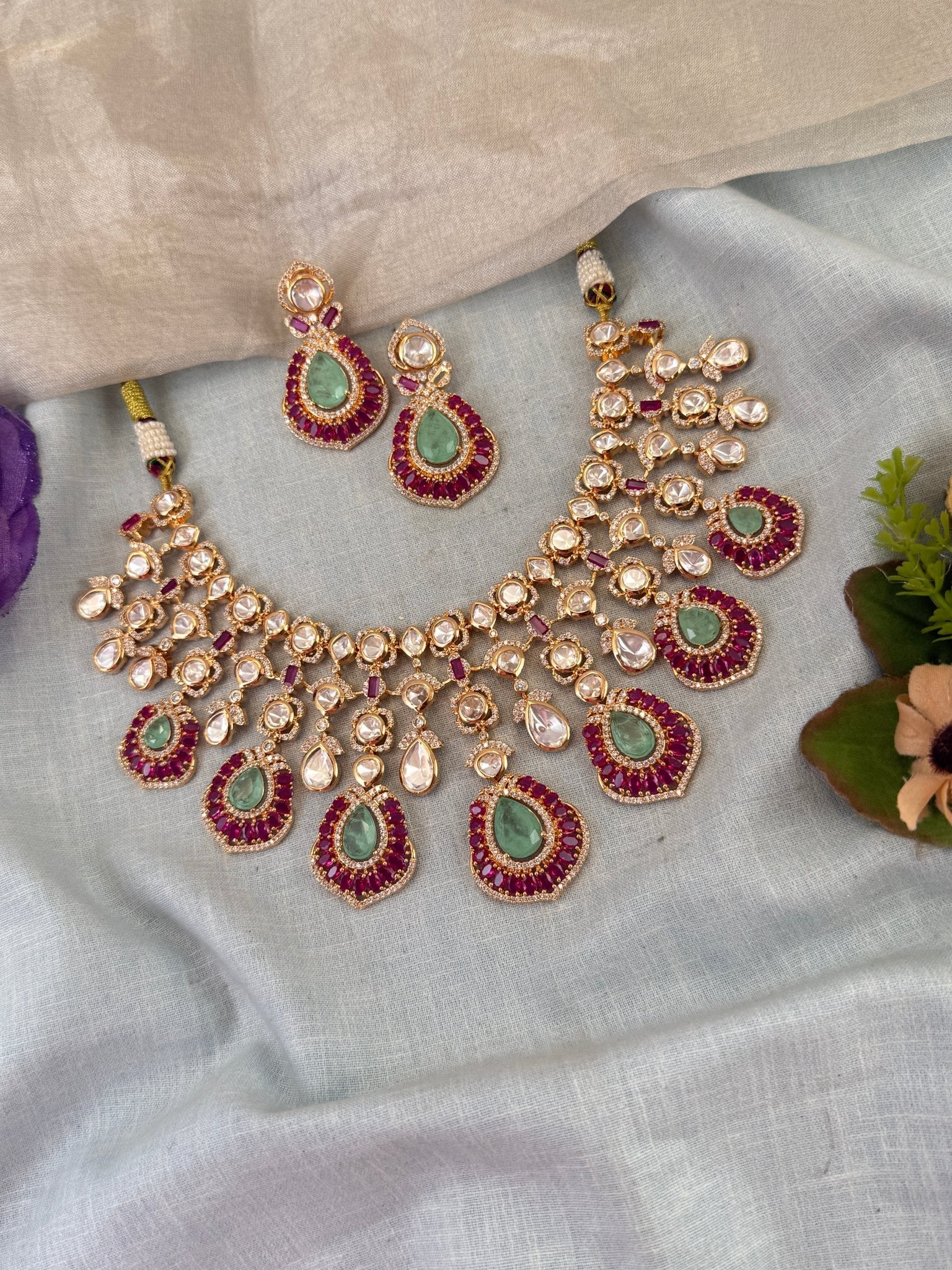 Luxurious Kundan Ruby Choker Short Necklace Set 0721 - Mahilas