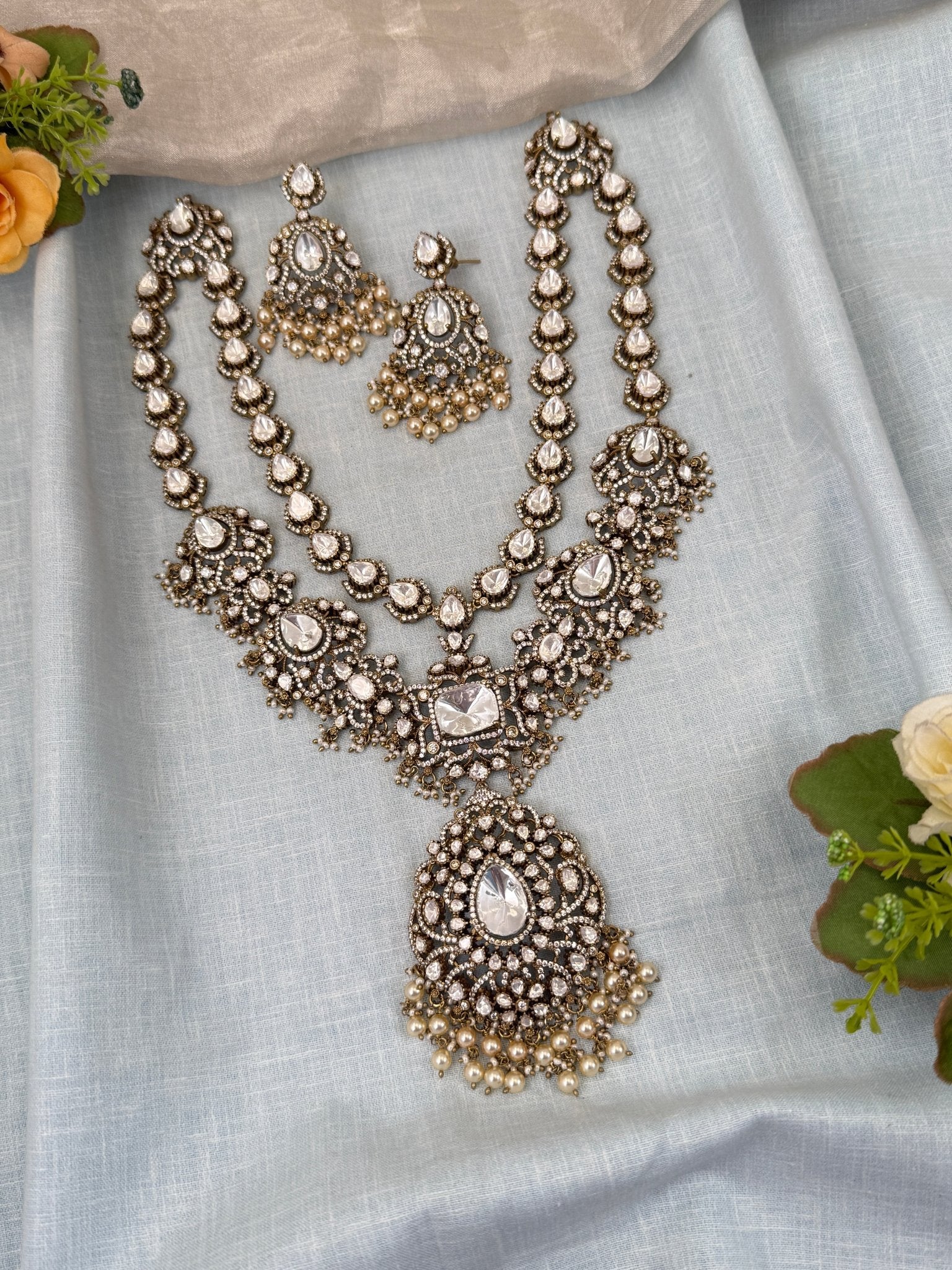 Luxurious Kundan Victorian Mid Long Necklace Set 707 - Mahilas
