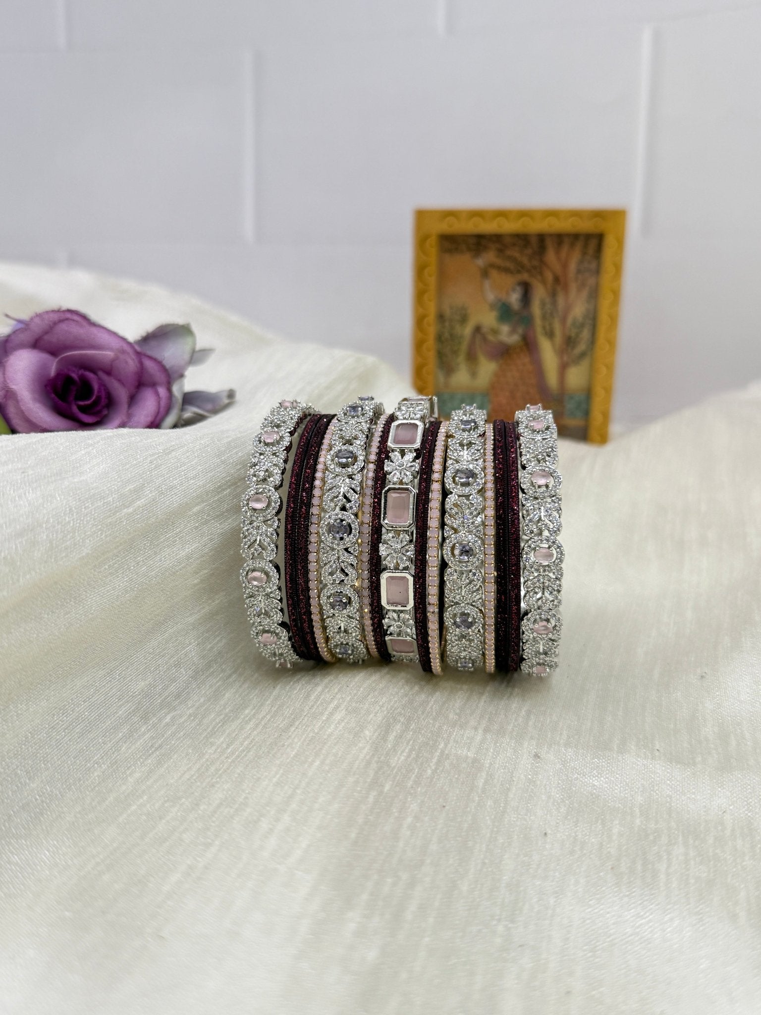 Luxurious Lavender and Wine Stone Bridal Bangle Set - 5128 - Mahilas