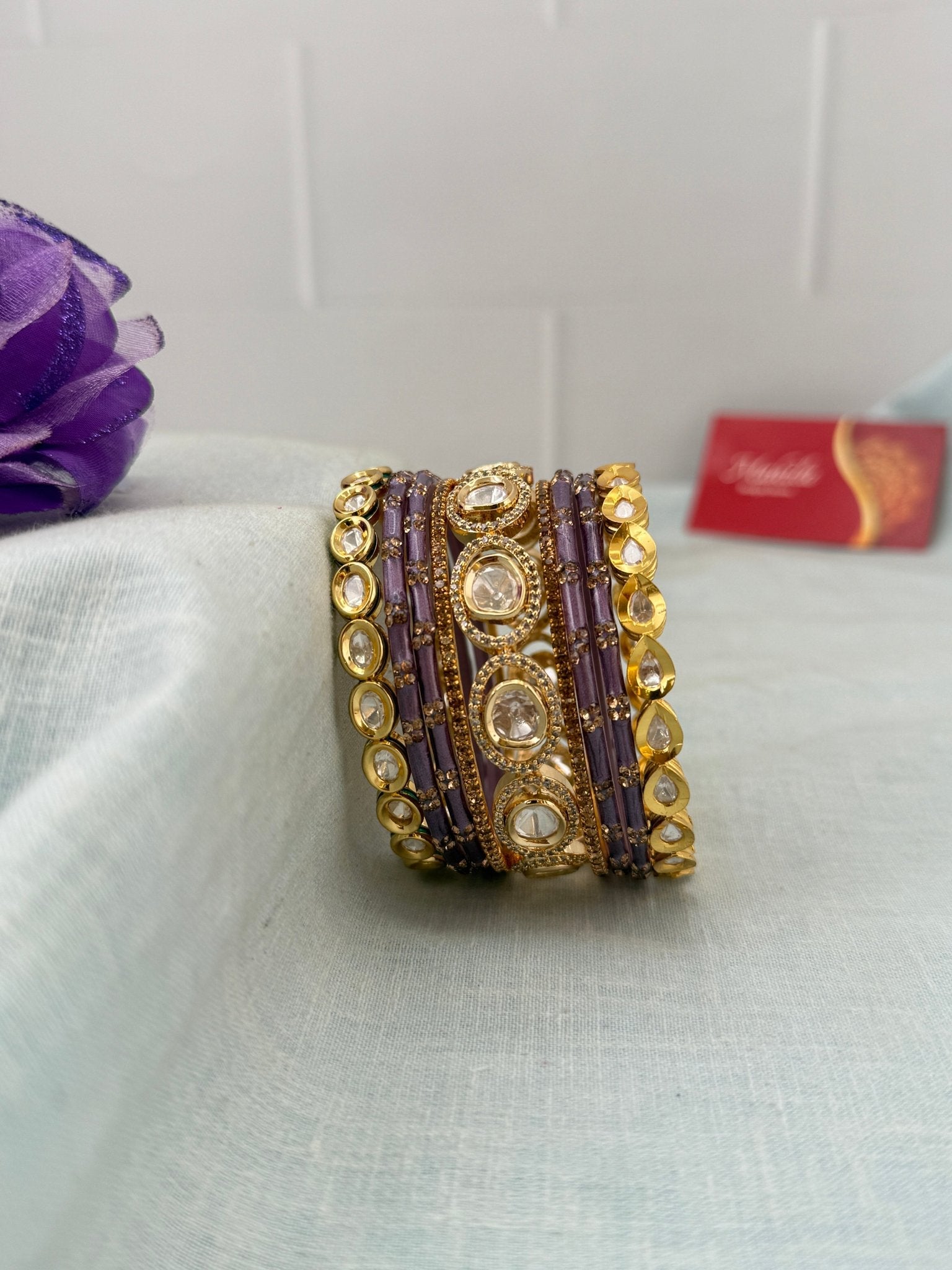 Luxurious Lavender Glass With Kundan Bangle Set - 5304 - Mahilas