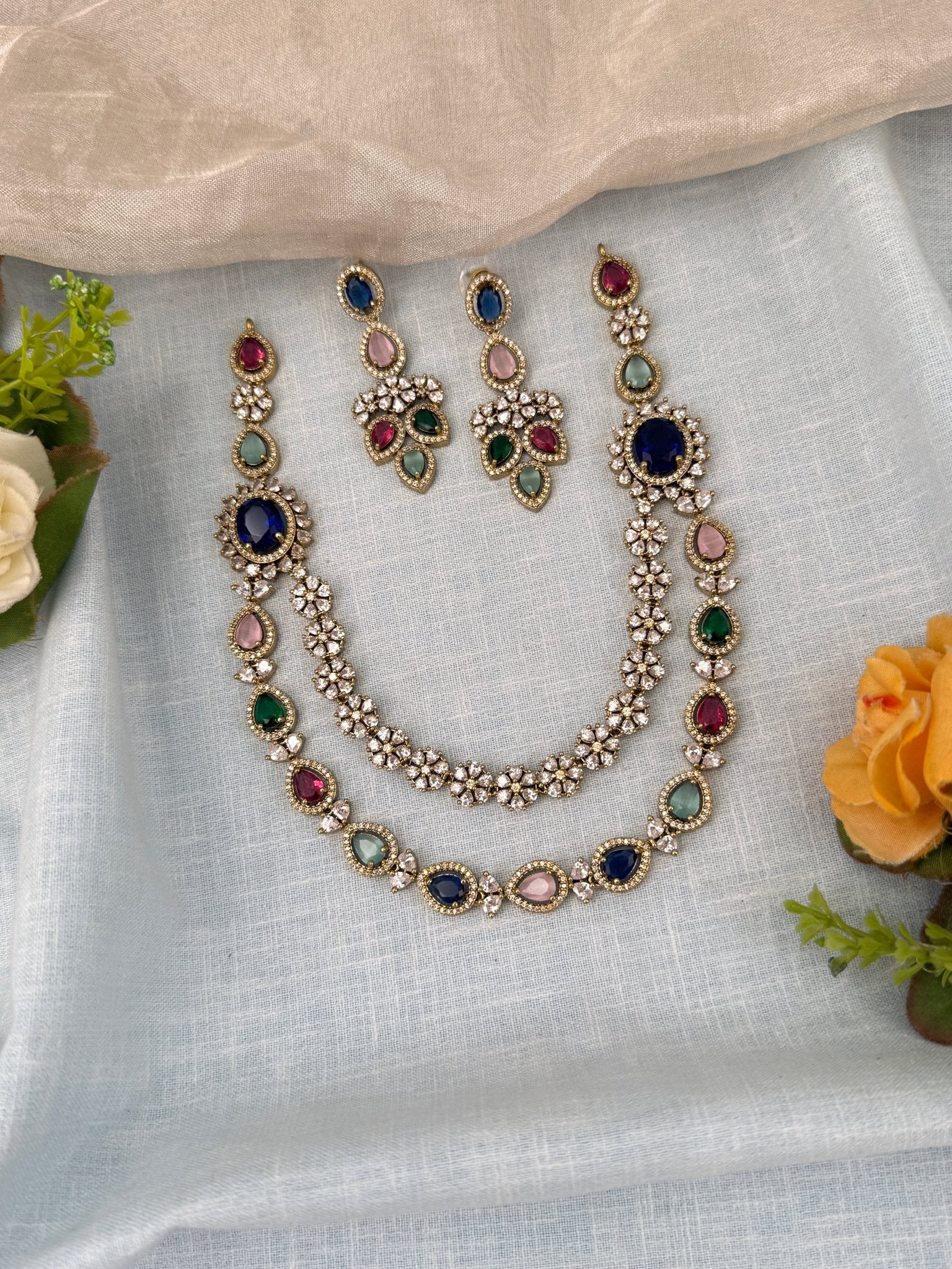 Luxurious Layer Victorian Stone Short Necklace Set 605 - Mahilas