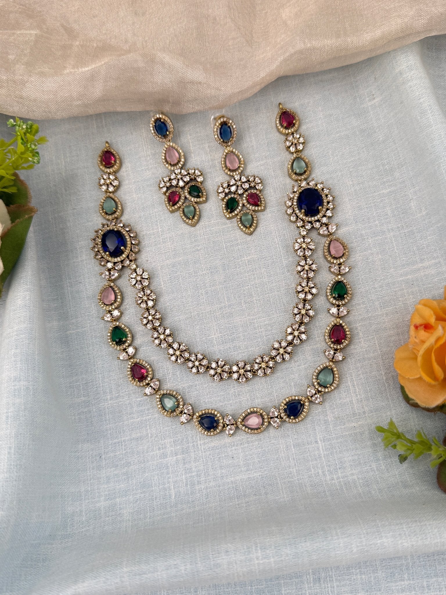 Luxurious Layer Victorian Stone Short Necklace Set 605 - Mahilas