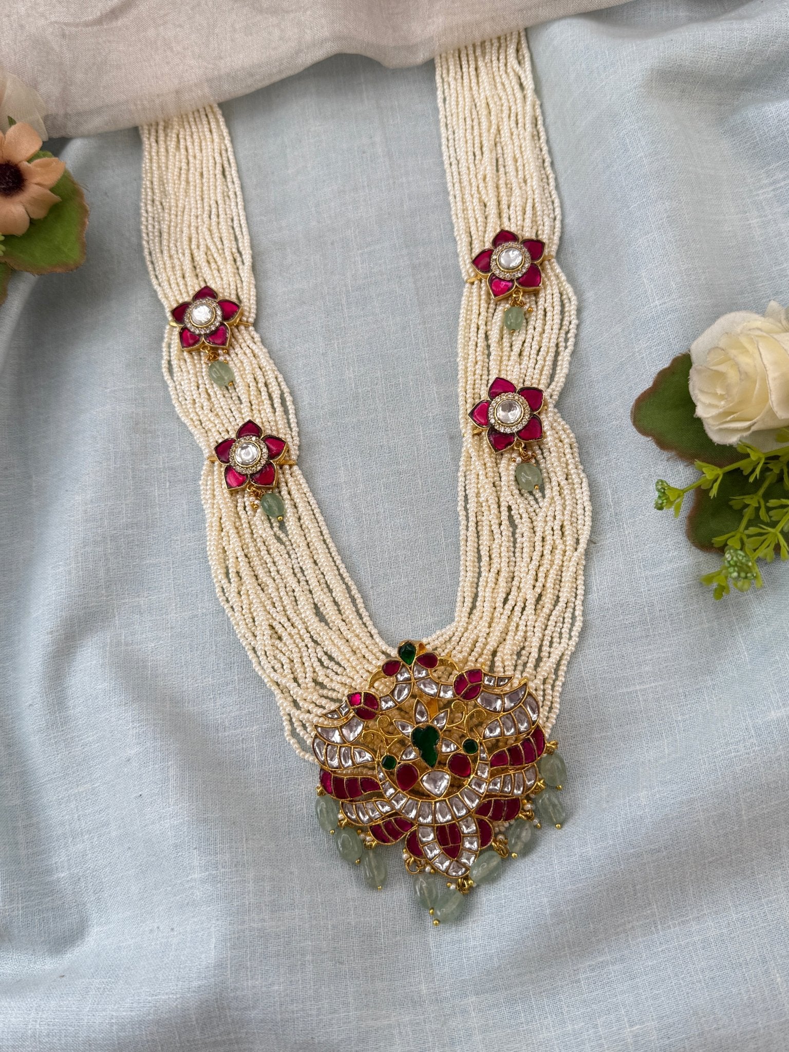Luxurious Layered Beads Gandaberunda Pendant Long Necklace Set 0982 - Mahilas