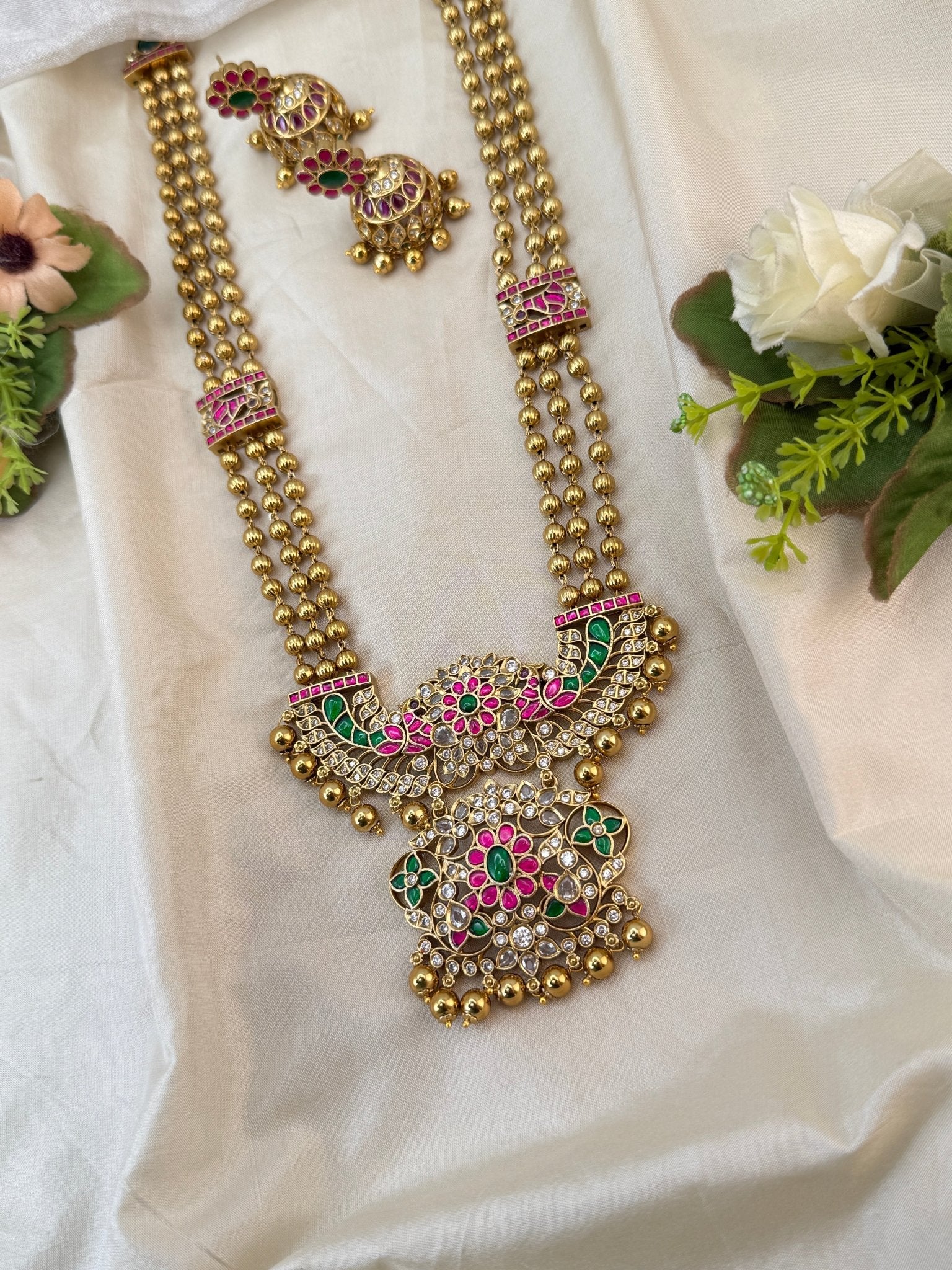 Luxurious Layered Beads Jadau Kundan Pendant Long Necklace Set 0981 - Mahilas