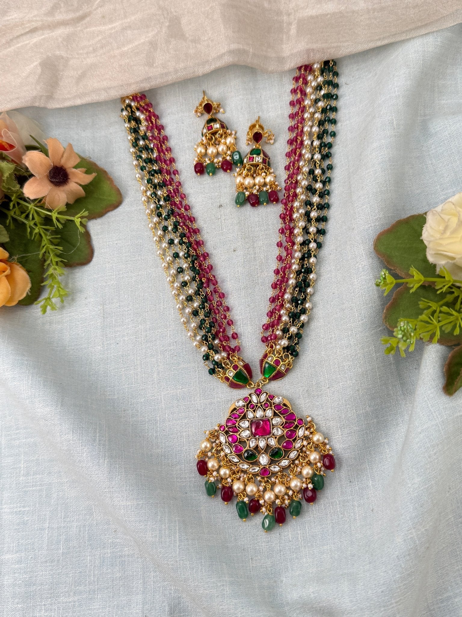 Luxurious Layered Beads Pendant Mid Long Necklace Set 0987 - Mahilas