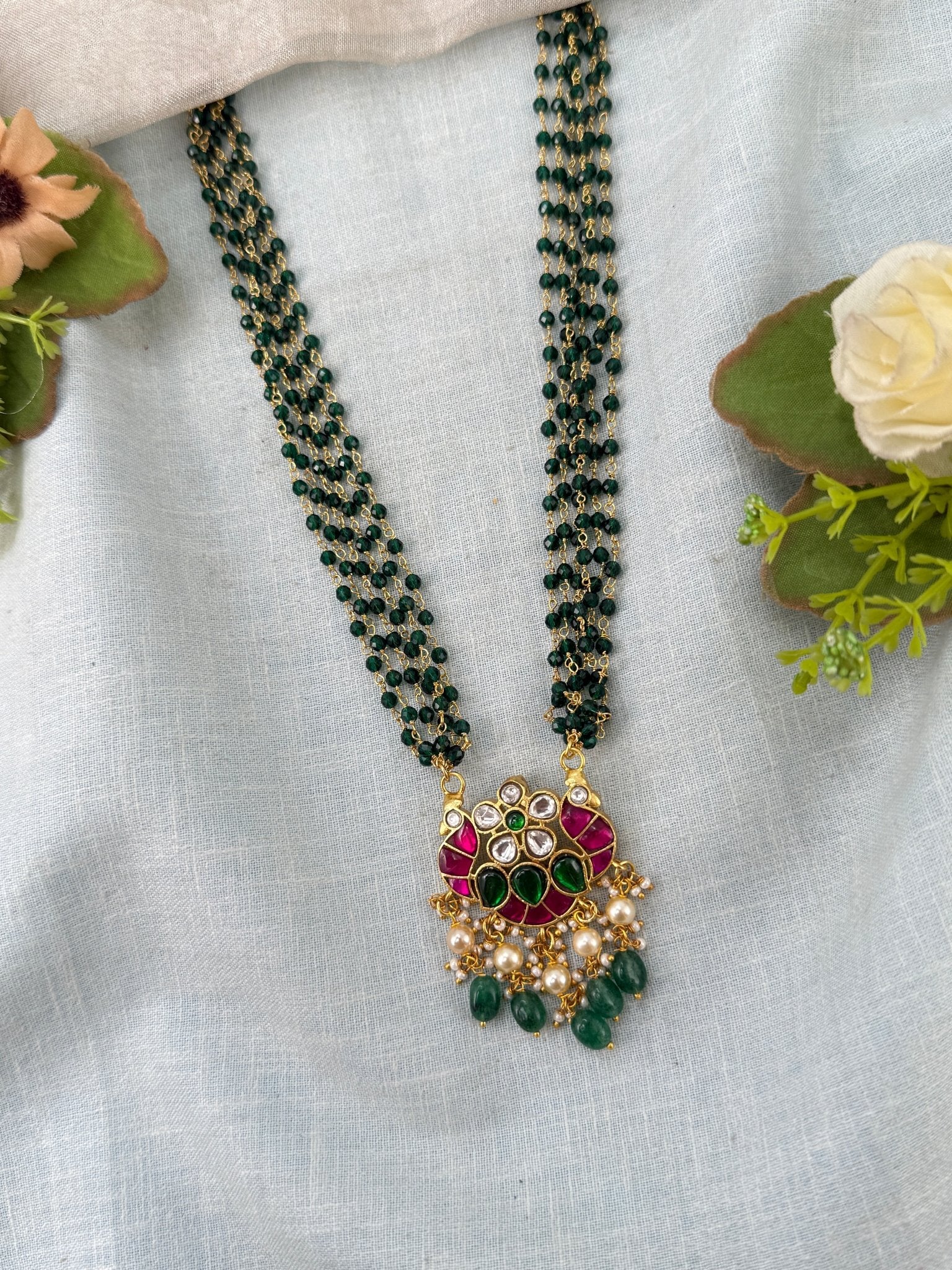 Luxurious Layered Beads Pendant Mid Long Necklace Set 0988 - Mahilas