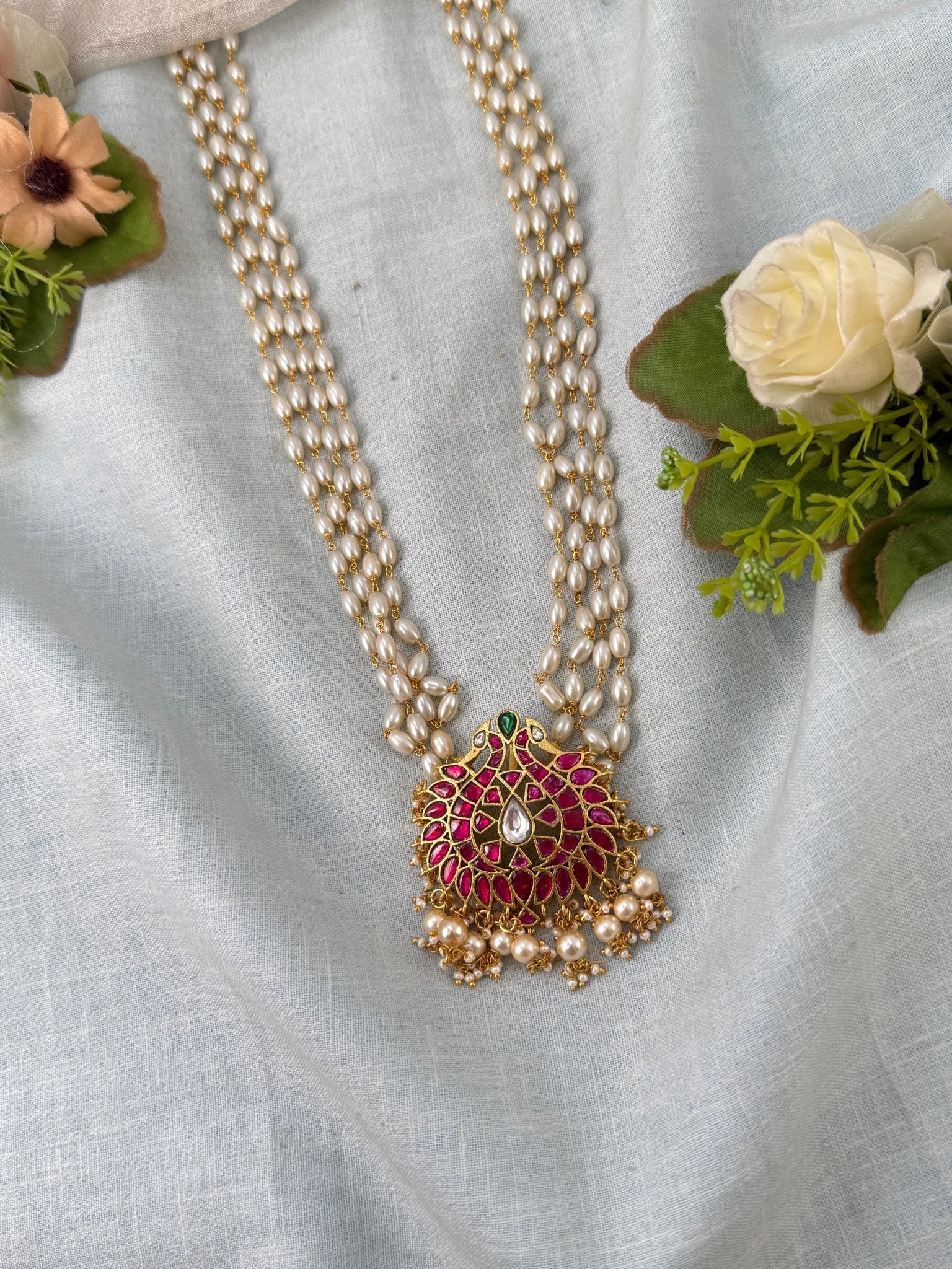 Luxurious Layered Rice Beads Gandaberunda Pendant Mid Long Necklace Set 0985 - Mahilas