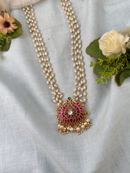 Luxurious Layered Rice Beads Gandaberunda Pendant Mid Long Necklace Set 0985 - Mahilas