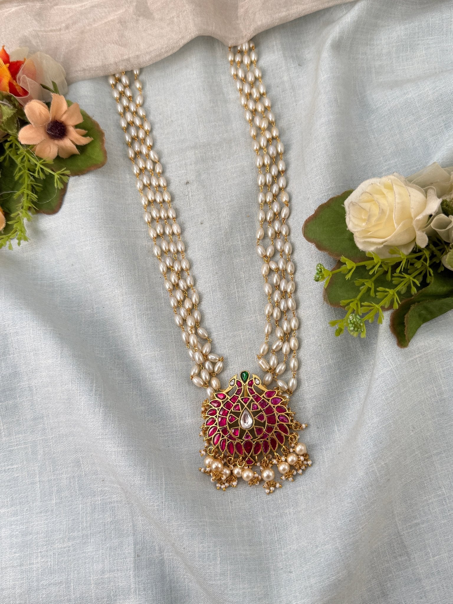 Luxurious Layered Rice Beads Gandaberunda Pendant Mid Long Necklace Set 0985 - Mahilas