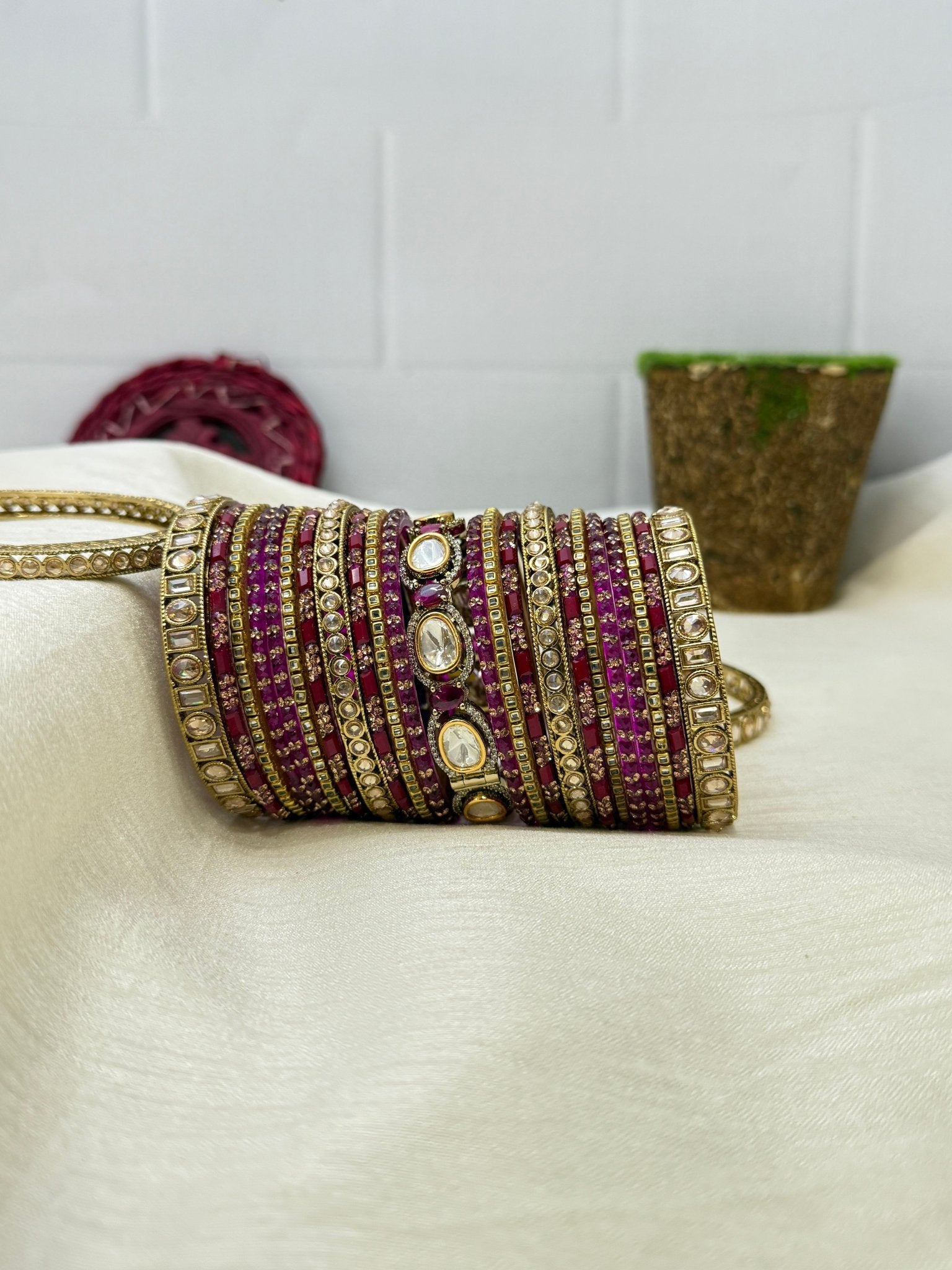 Luxurious Majenta Purple Pink Victorian Kundan & Polki Glass & Stone Bangle Set - 5159 - Mahilas