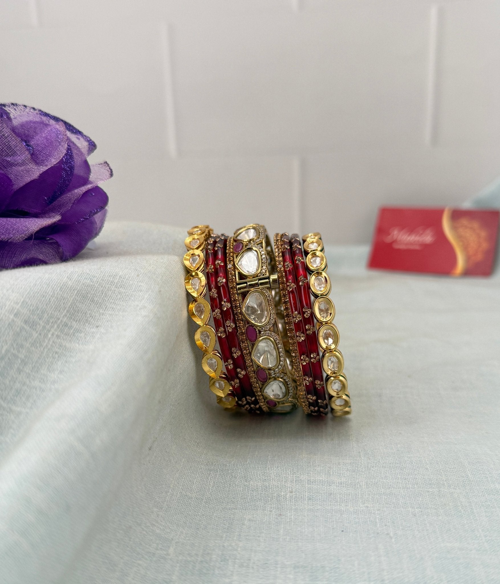 Luxurious Maroon Glass With Kundan Bangle Set - 5297 - Mahilas